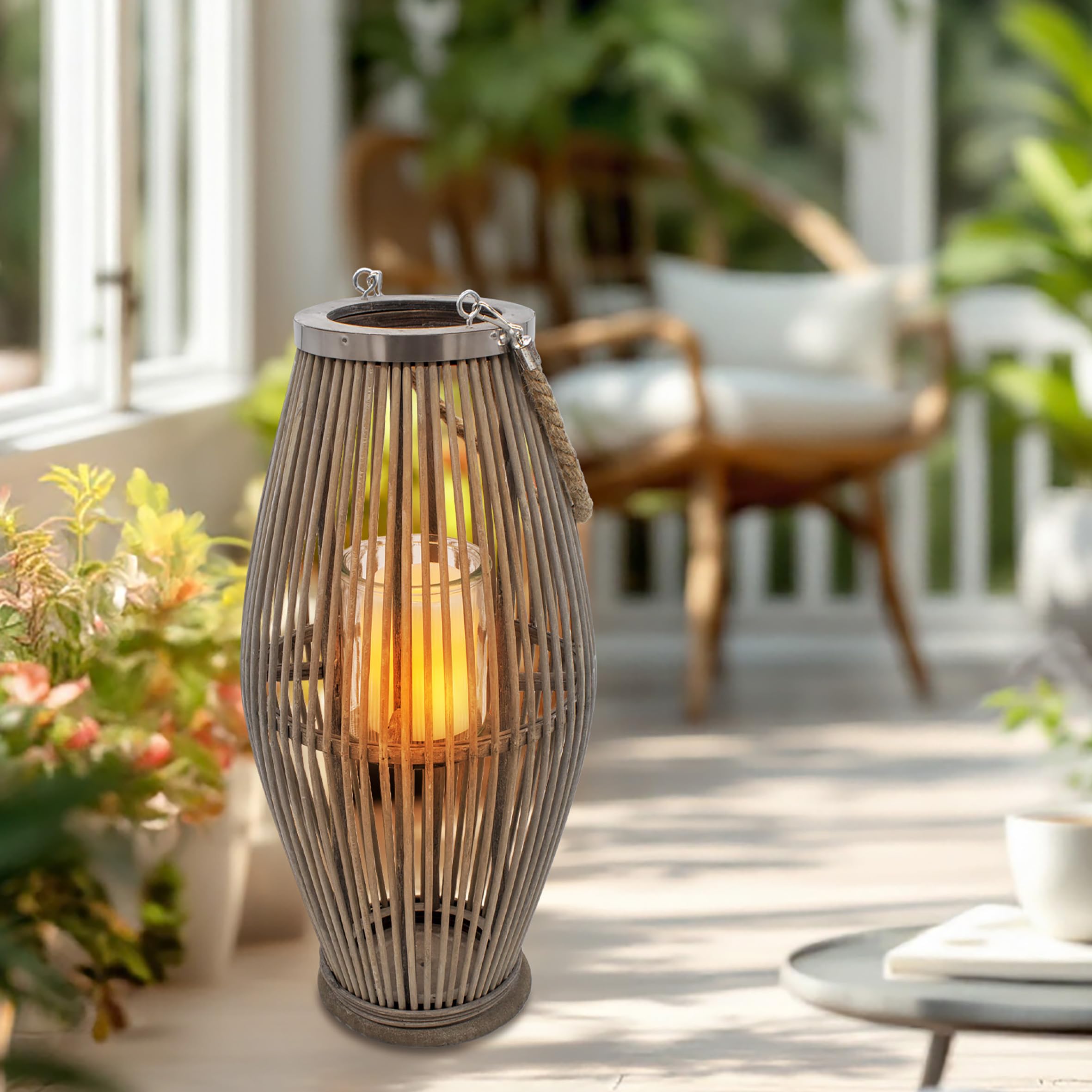 XXL Bambus Laterne Shabby grau mit Kerzenglas - 50 x 24 cm - Holz Windlicht mit Jute Seil zum Hängen - Garten Deko Kerzenhalter Gartenlaterne Leuchte zum Hängen für Balkon Terrasse Innen Außen