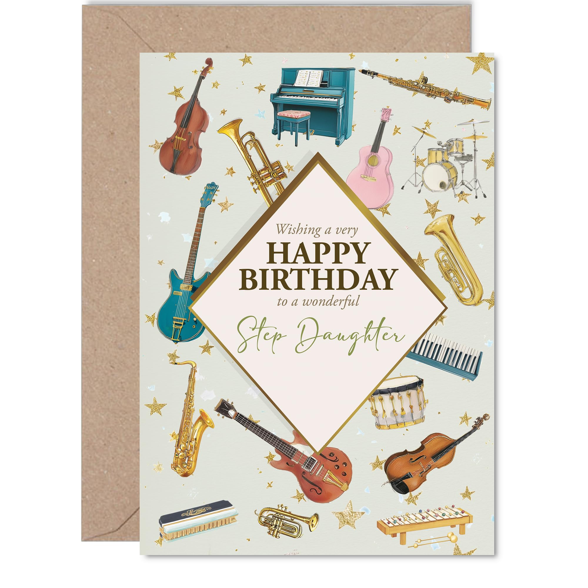 Step Daughter Birthday Card - Music Lover - Happy Birthday Card for Step Daughter from Dad Mum, 5x7 Inch Bass Acoustic Electric Guitar Bday Greeting Cards