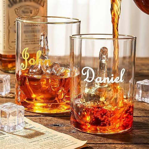 Personalized Middle Finger Funny Whiskey Glass, 12.5 OZ Glass for Scotch, Bourbon, 3D Middle Finger Design, Fun Gag Gifts for Men, Dad, Husband, Boyfriends, Party Favor, Birthday Xmas Gifts