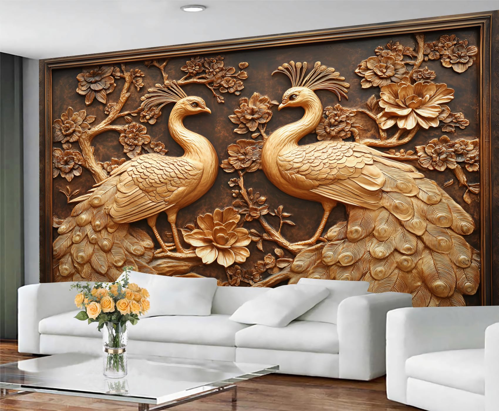 GIVLWF Embossed Peacock Wallpaper, Peacock Feather Self Adhesive Wallpaper for Living Room, Elegant Animal Wall Paper for Bedroom, Retro Bird Wall Mural, Mysterious Large Mural & Room Decor
