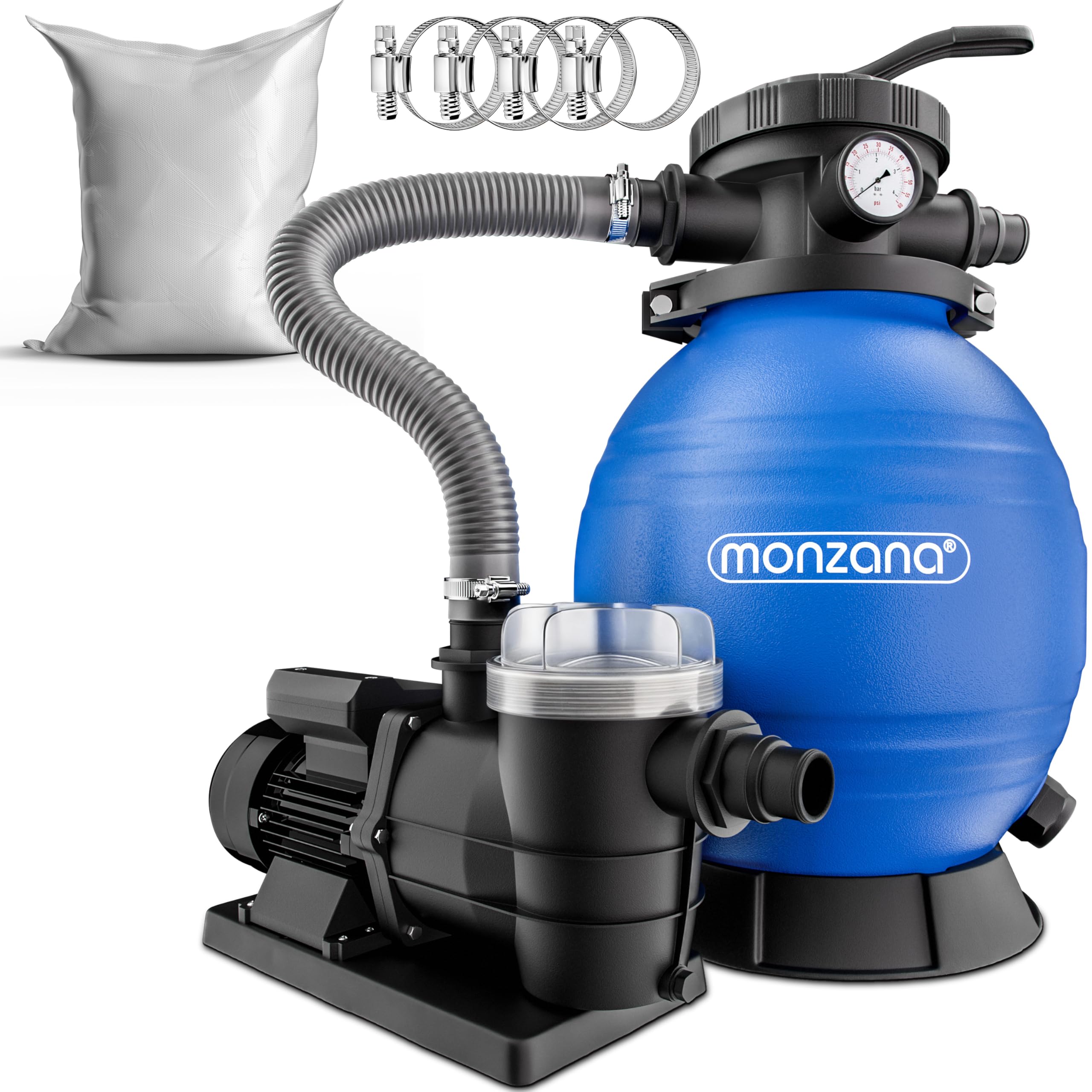 MONZANA Depuradora Piscina 9.600L/h | Filtro Arena 30.000L, Vidrio Filtrante, Valvula 7 Funciones Filtrado, 400W, Bomba, Indicador Presión, Adaptador Ø32-38mm