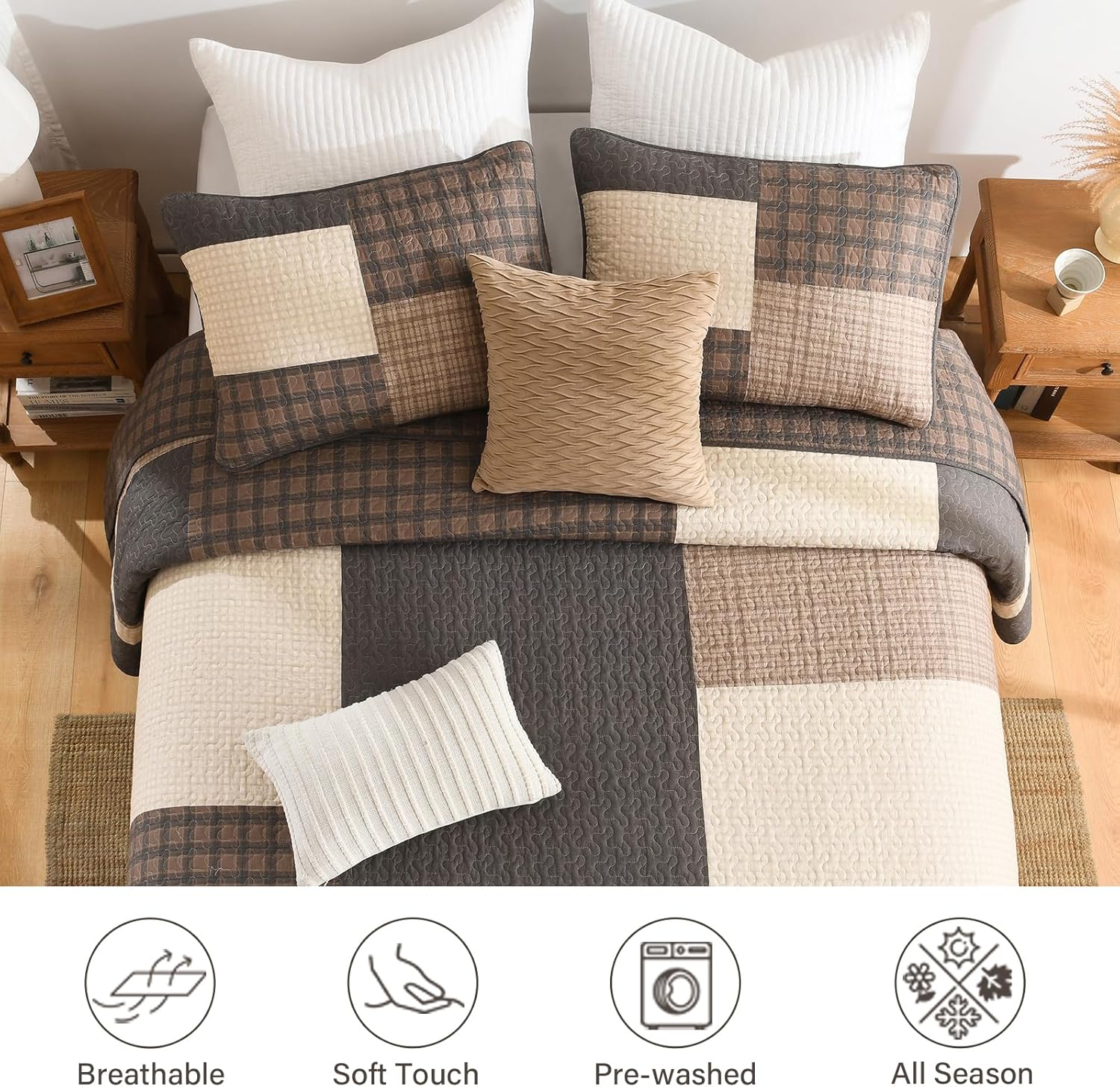 Finlonte 100% Cotton Oversized Queen Bedspread, 102x120 Extra Large Quilt Set, Farmhouse Plaid Quilted Comforter, Lightweight Soft Quilt Bedding Set, 3 Piece, Brown/Beige/Gray