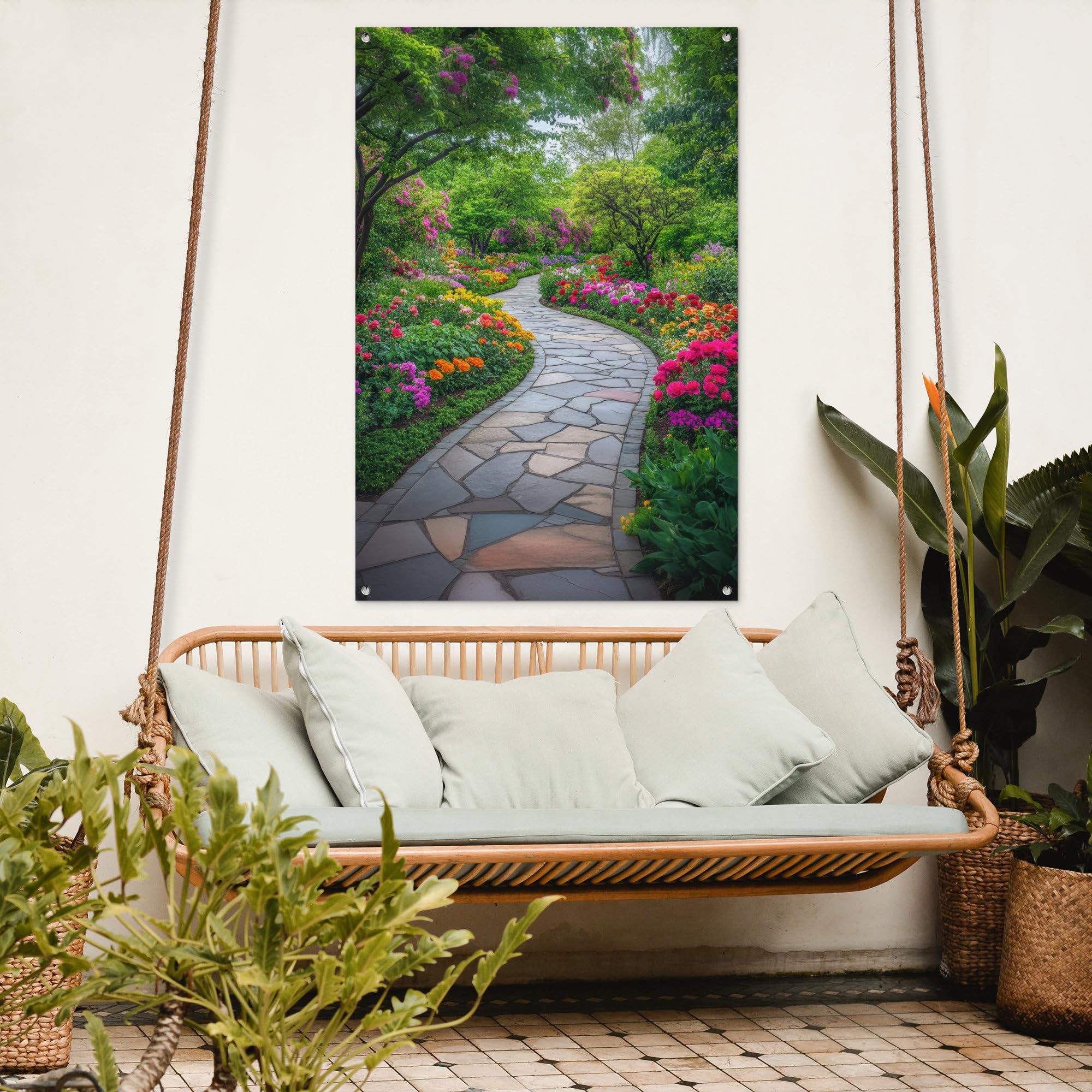 MuchoWow© Gartenposter 80x120 cm Outdoor Bilder Gartendeko für draußen Wetterfest Garten Deko Banner Draußen Bild Garden Decoration Park - Blumen - Tulpenfeld - Sonnenuntergang