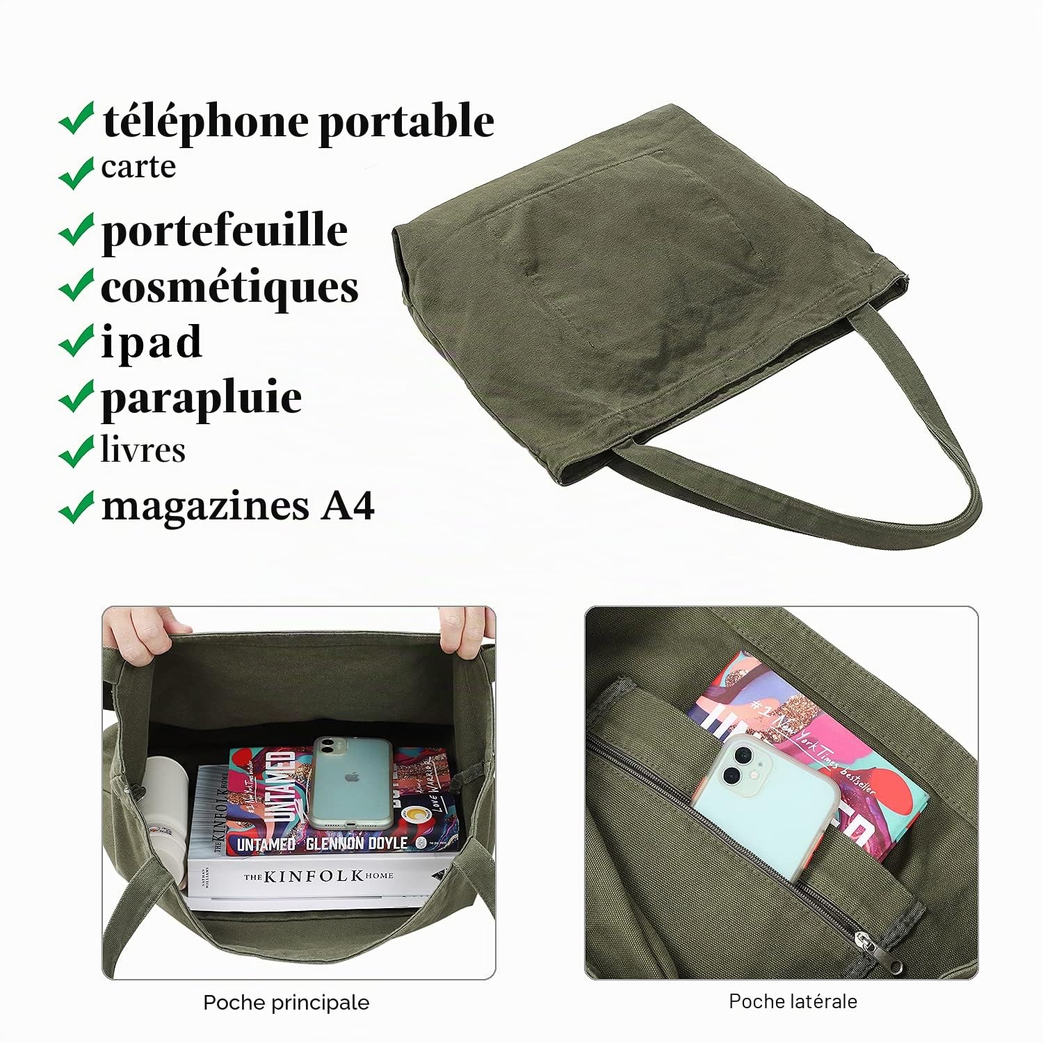 Etercycle Sac fourre-tout en toile pour femme - Style décontracté - Grande capacité - Avec poche intérieure - Pour l'école, le shopping, le travail, les voyages