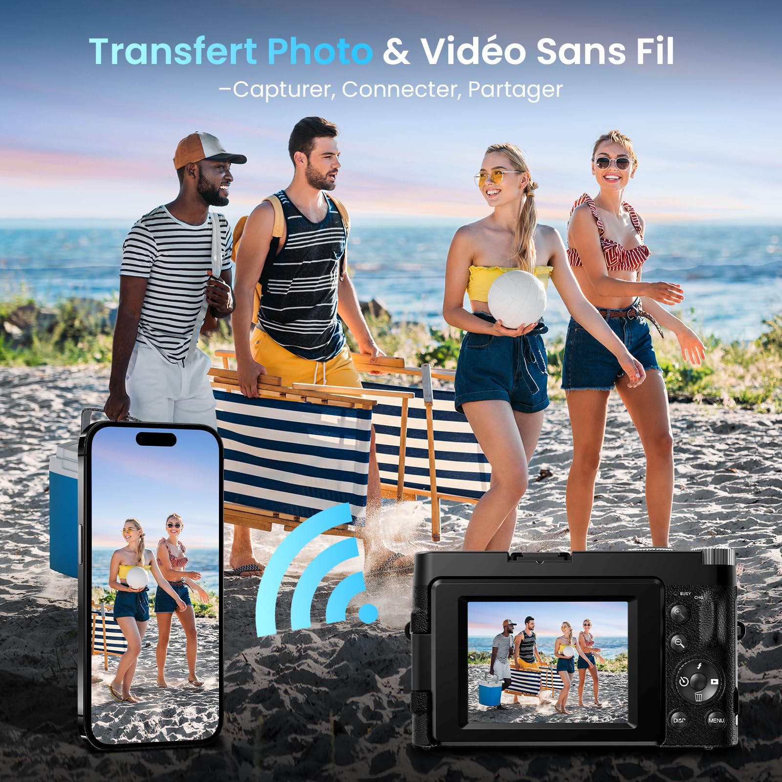 Digitalkamera 4K mit WiFi 64MP Kompakte Digitalkamera mit 3" 180° Flip-Bildschirm, 32GB Karte, 2 Akkus, 16X Digitalzoom, Autofokus, Anti-Shake, Ideal für Teens, Anfänger, Vlogging, Reisen