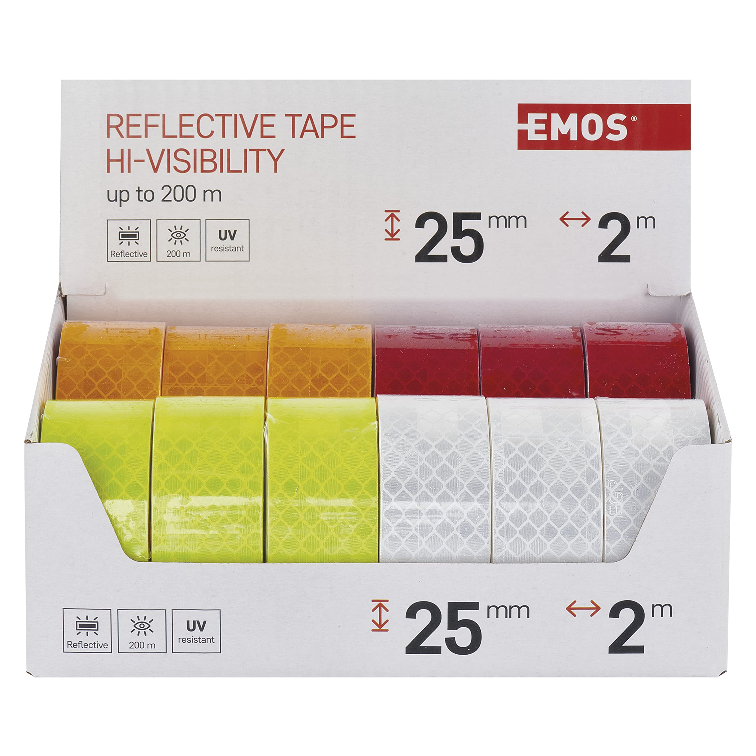 EMOS Cinta reflectante (12 unidades, cinta reflectante, autoadhesiva, 4 colores, 2,5 cm x 2 m, visibilidad a 200 m de distancia, resistente a los rayos UV, adhesivo de goma