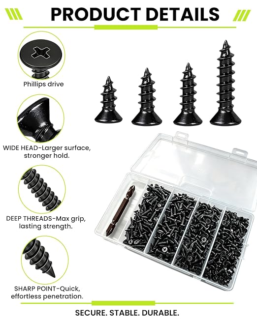 Kit de 480 tornillos para madera, surtido, pequeños, negros, cabeza plana miniatura 2