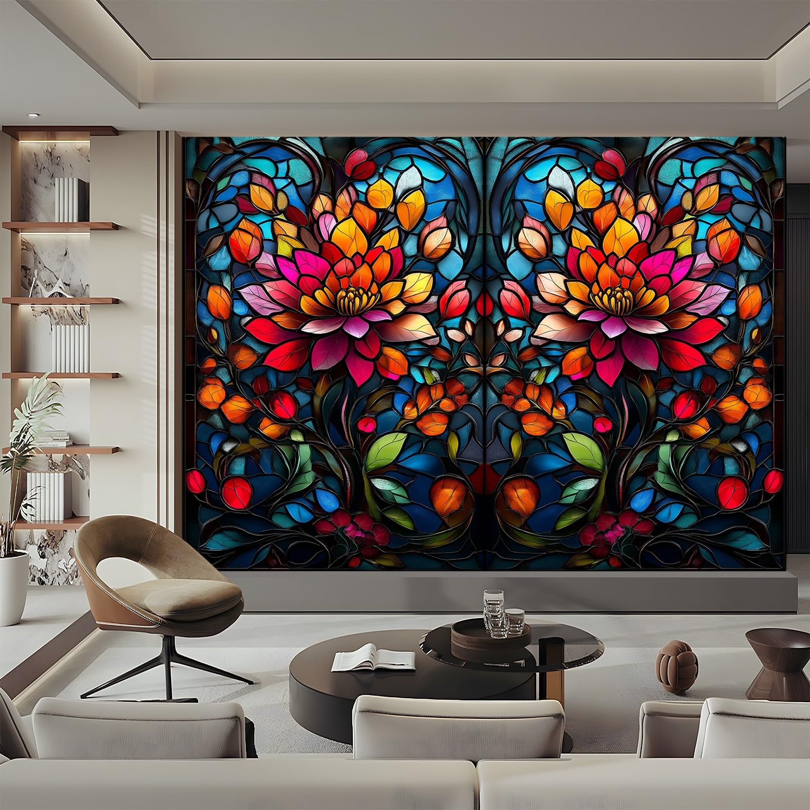 Panoramiczna tapeta witraż kwiaty kolor czarny 300 x 210 cm (szer. x wys.), panoramiczna gigantyczna tapeta 3D salon sypialnia jadalnia pokój dziecięcy dekoracje ścienne z włókniny