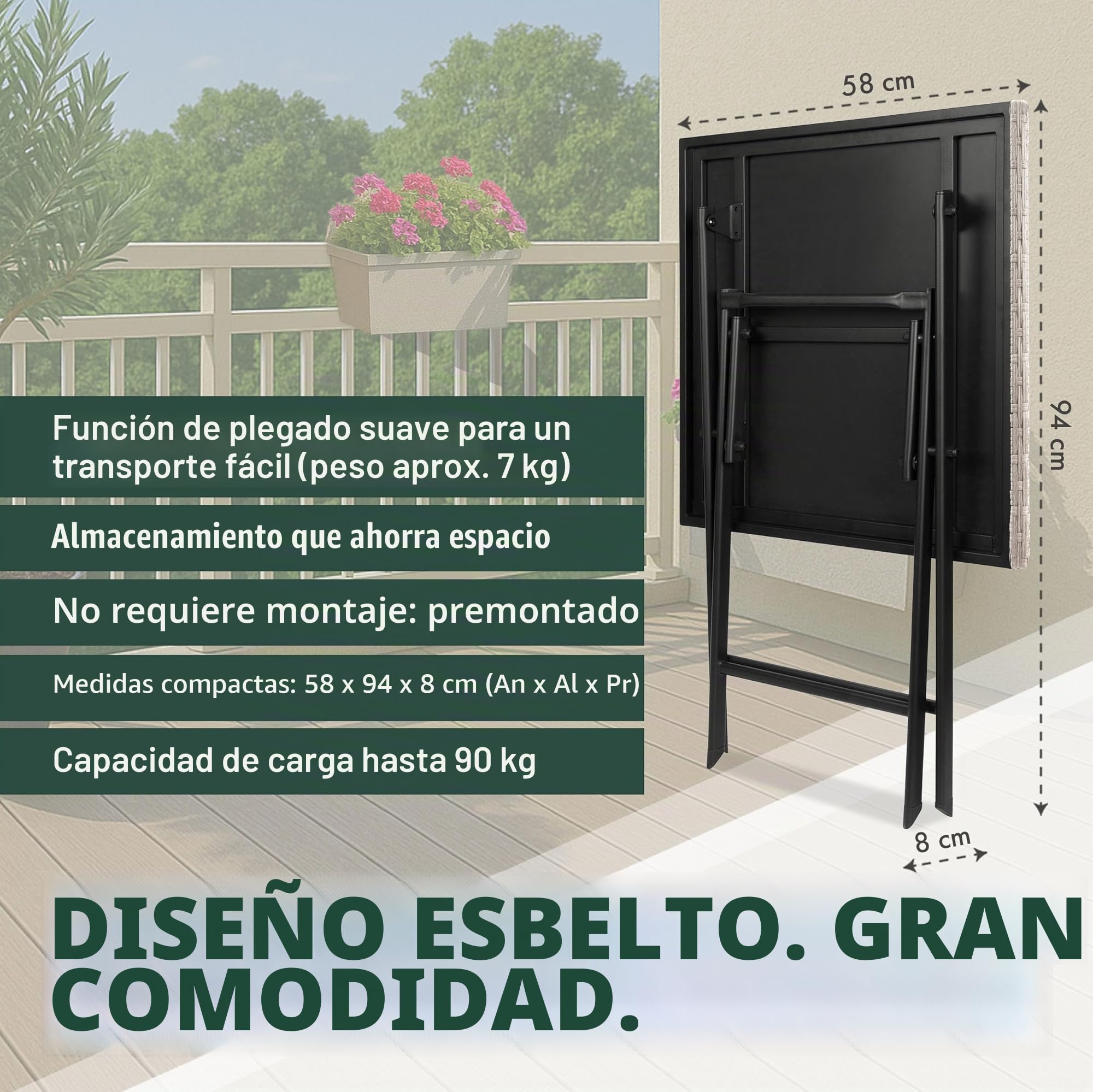 BRUBAKER Mesa de Jardín Lugano - Mesa de Balcón 58 x 58 cm Impermeable - Mesa Auxiliar Plegable de Poliratán y Metal - Mesa de Camping Cuadrada para Balcón, Terraza - Mesa Bistro - Gris Beige