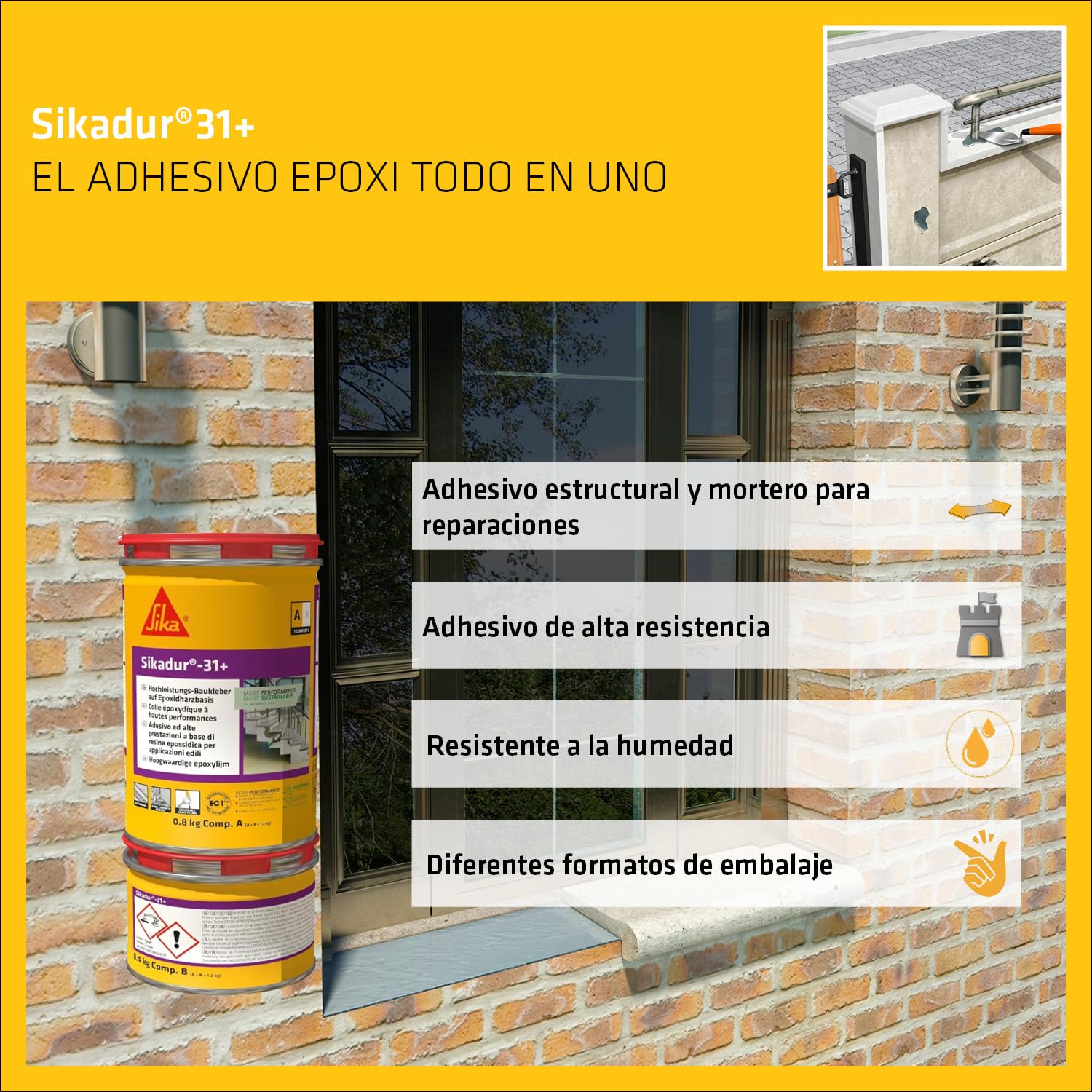 Sikadur-31+, Resina epoxi de dos componentes multiuso, Adhesivo estructural y mortero de reparación, relleno de juntas y sellado de fisuras, Gris, 1.2 kg