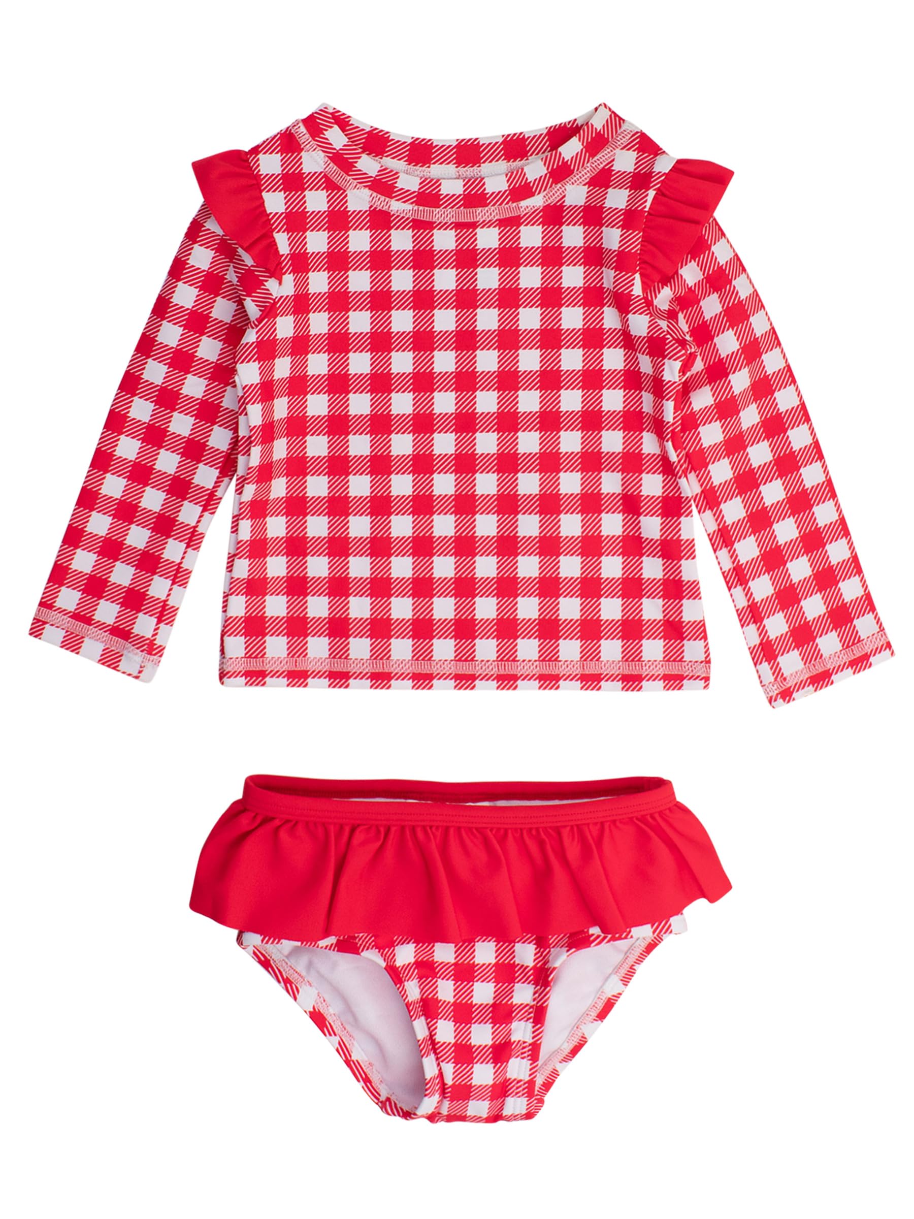 RuffleButts Baby/Toddler Girls Skirted Long Sleeve Rash Guard Bikini UPF50+ Sun Protected Swimsuit