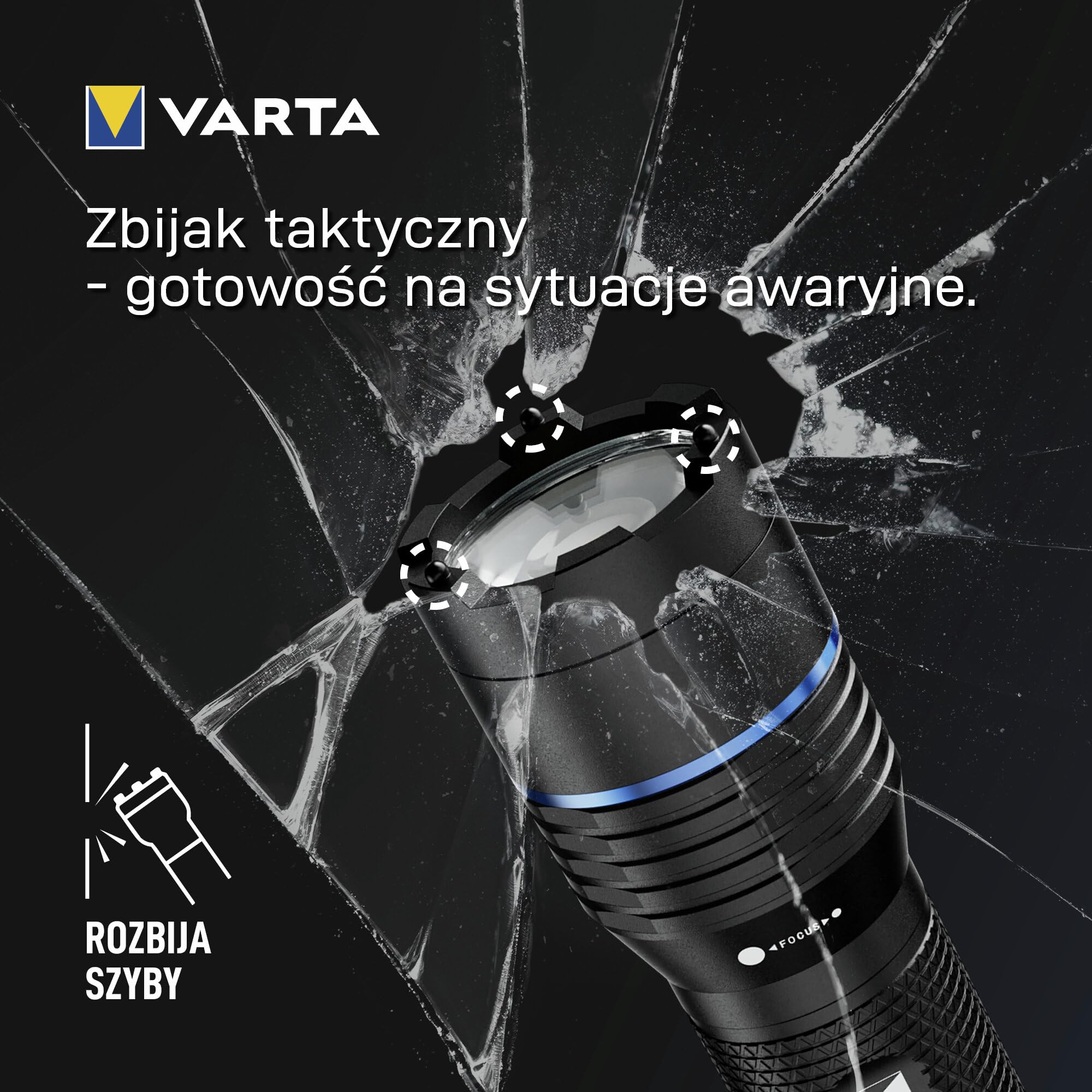 VARTA Latarka LED, Night Cutter Pro F20R tactical, 1000 lm, adowalna, IP67 wodoodporna, z regulacją ostrości, funkcja stłuczenia szkła, aluminiowa lotnicze, w tym kabura i smycz