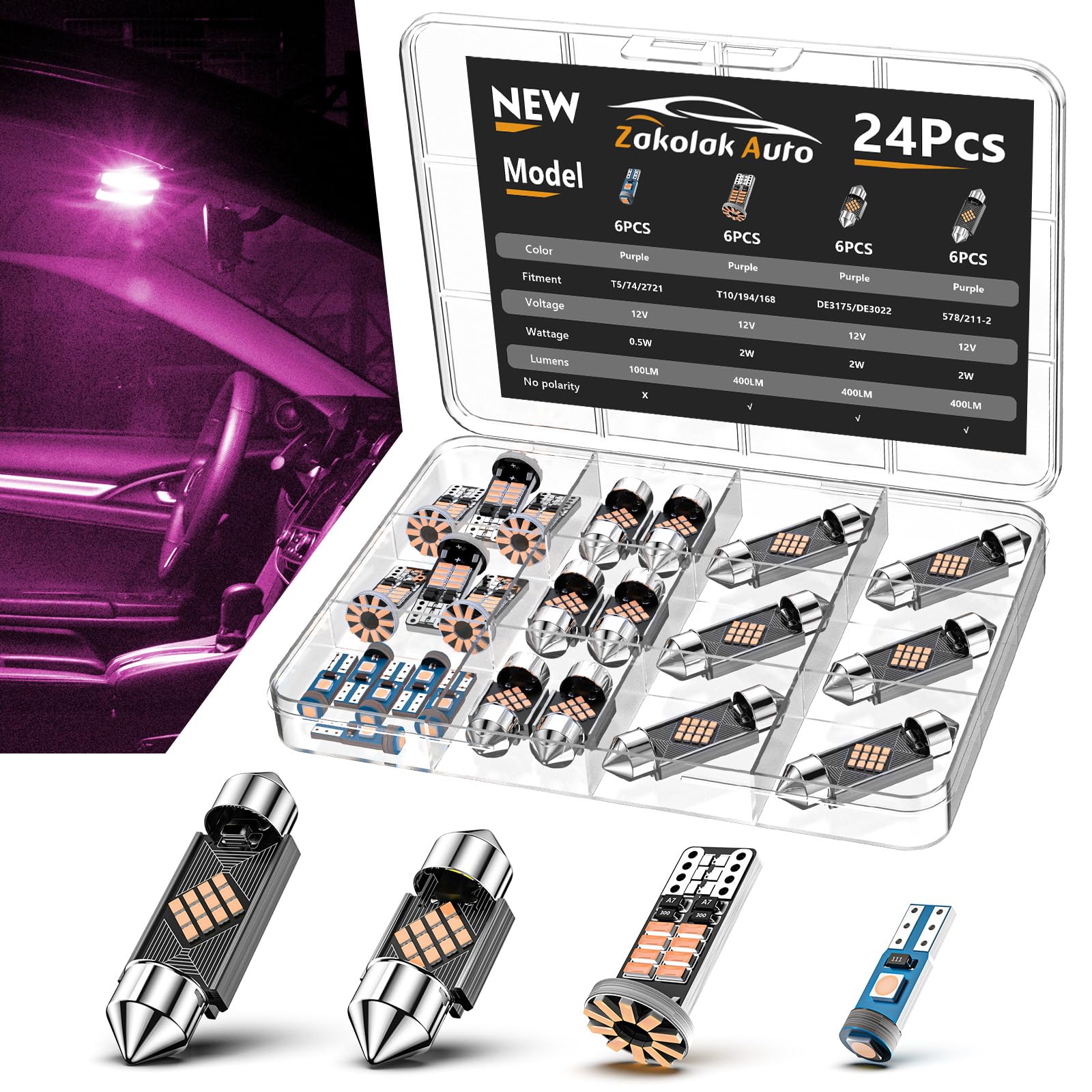 Zakolak 24PCS LED Interior Car Lights, Extremely Bright LED Bulb Kit, Applicable to Dome Map Door Lights and Other Parts Replacement for Your Cars, to Help You See Inside The Car at Night（Purple）