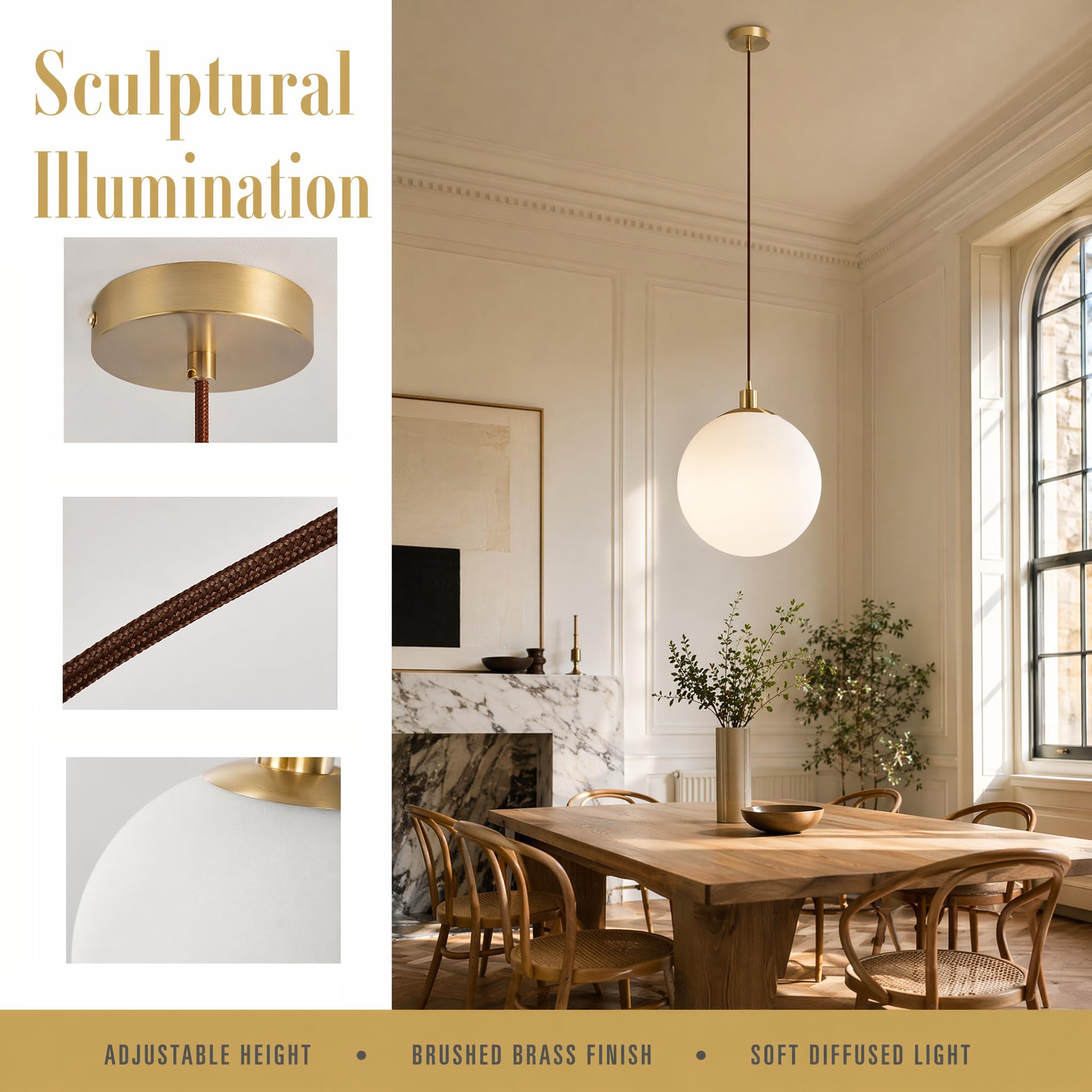 Minimalist Bereifte Weiße Glaskugel Pendelleuchte Moderne Hängelampe E27 Messing Geflochtene Litzenleiter Deckenleuchte für Schlafzimmer Salon Küche (30cm)