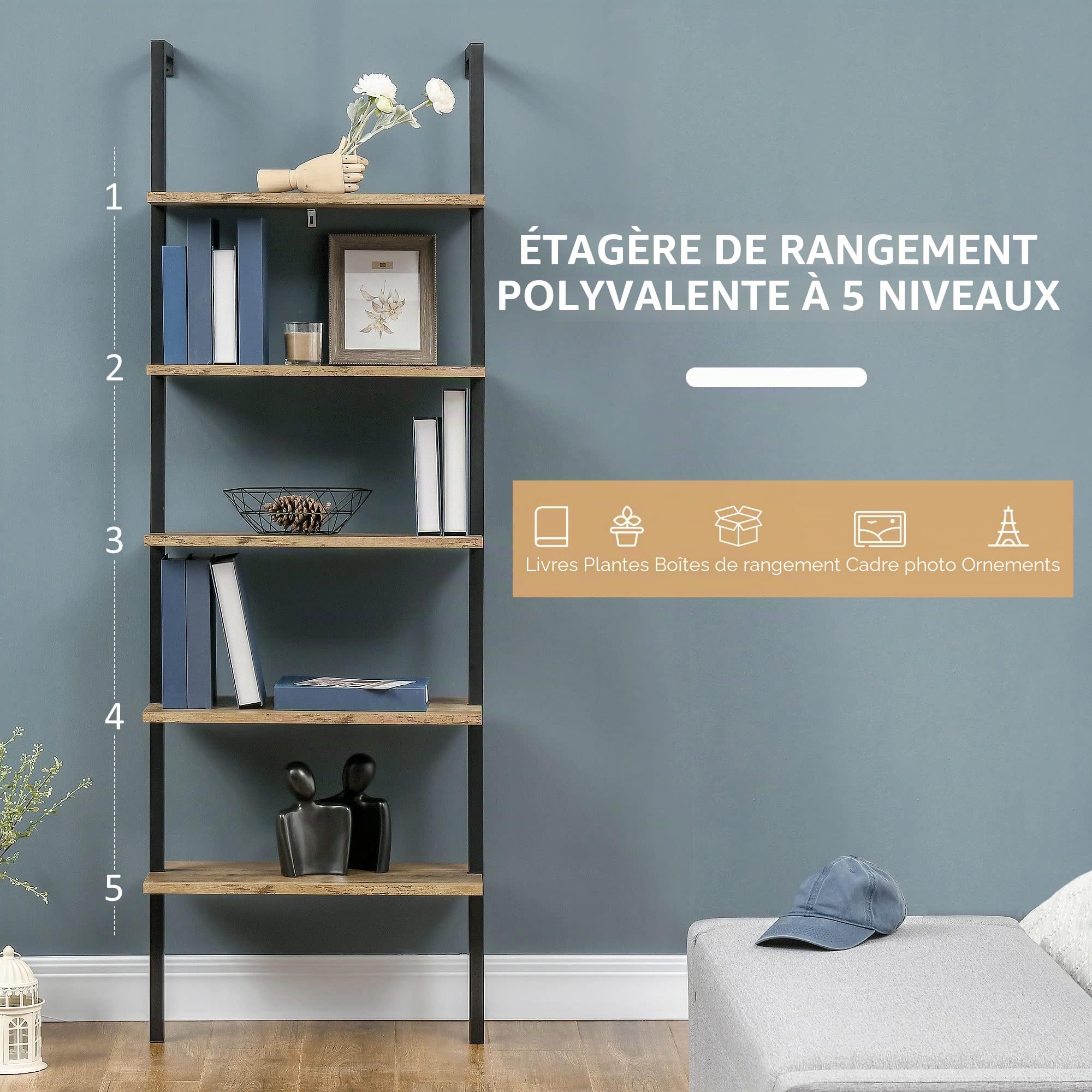 HOMCOM Bibliothèque échelle 5 étagères industrielle 60x30x184,5 cm Marron