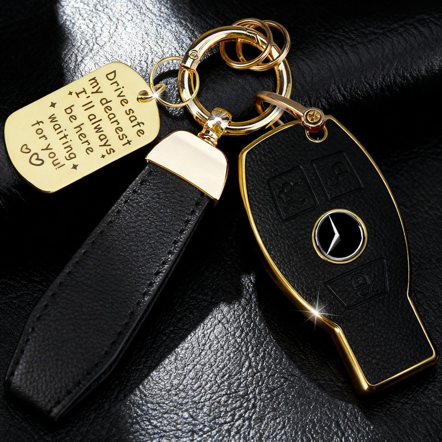 Soft TPU & Leather Key Fob Cover Compatible with Mercedes Benz AMG C E,C E R G S Series,CL GLK ML GL, with Keychain & Metal Blessing Tag (3 Button Black) - Image 2