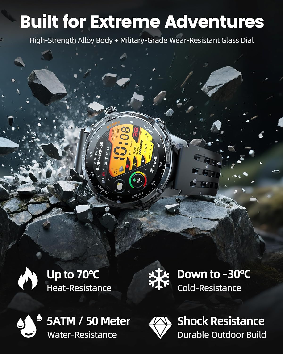 WalkerFit M6 GPS Smart Watch demonstrating its rugged build and resistance to extreme conditions.