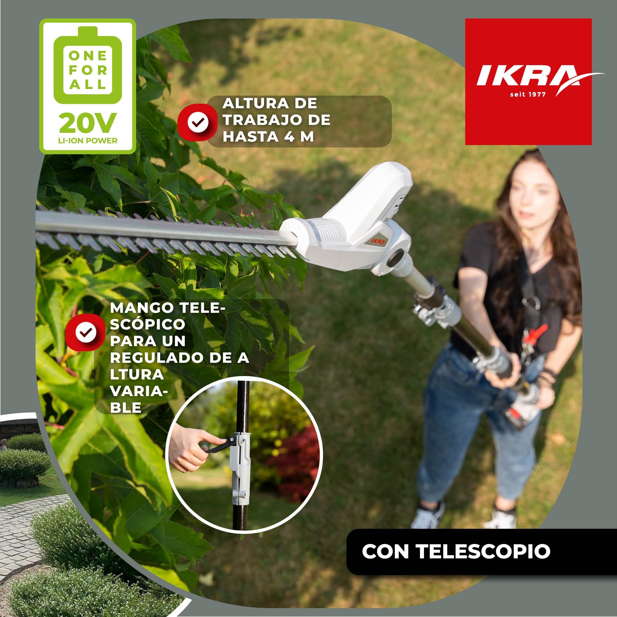 IKRA cortasetos telescópico ICPH 2040 incl. Batería de 20 V, estación de carga de la batería y correa para el hombro