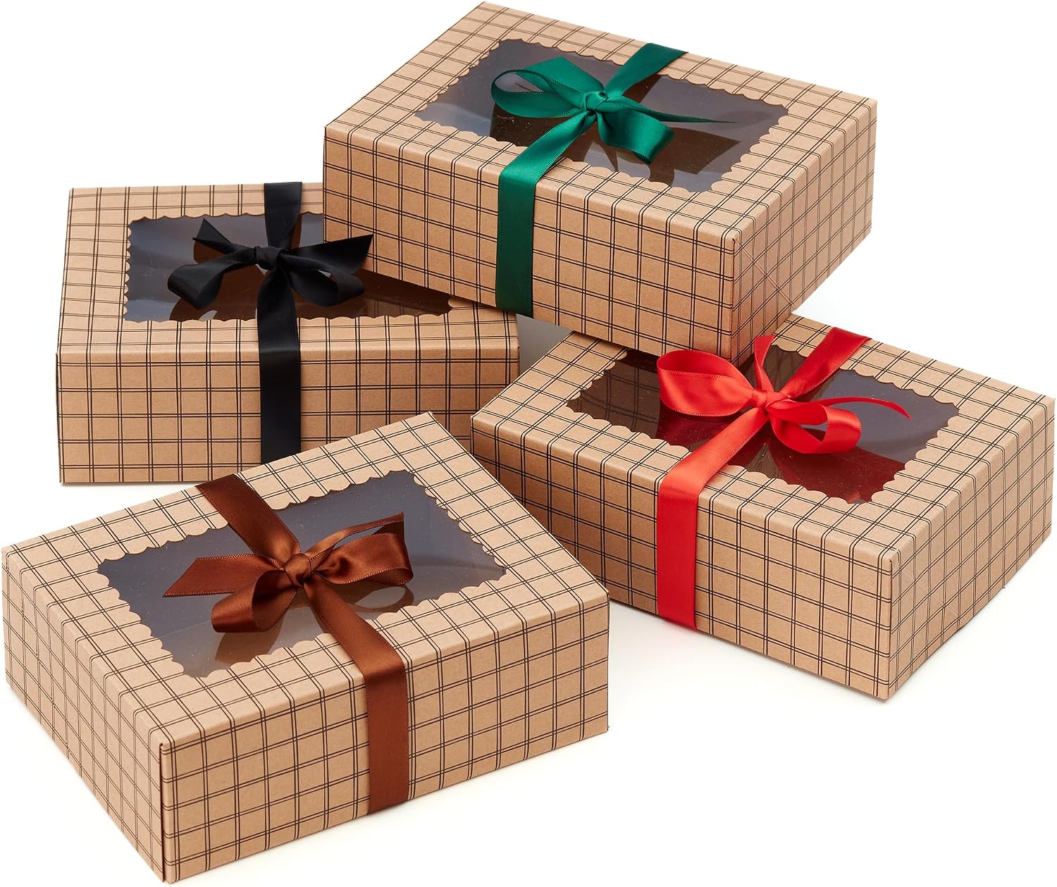 Brown Kraft Cookie Boxes with Ribbons & Window (20 Pack) 8.3 x 6 x 2.8” Food Grade Cardboard Bakery Gift Boxes for Christmas Gift Giving, Baked Goods, Candy Treats, Decorative Holiday Packaging, Empty