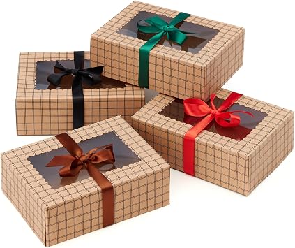 Brown Kraft Cookie Boxes with Ribbons & Window 20 Pack 8.3 x 6 x 2.8 Food Grade Cardboard Bakery Gift Boxes for Christmas Gift Giving, Baked Goods, Candy Treats, Decorative Holiday Packaging, Empty