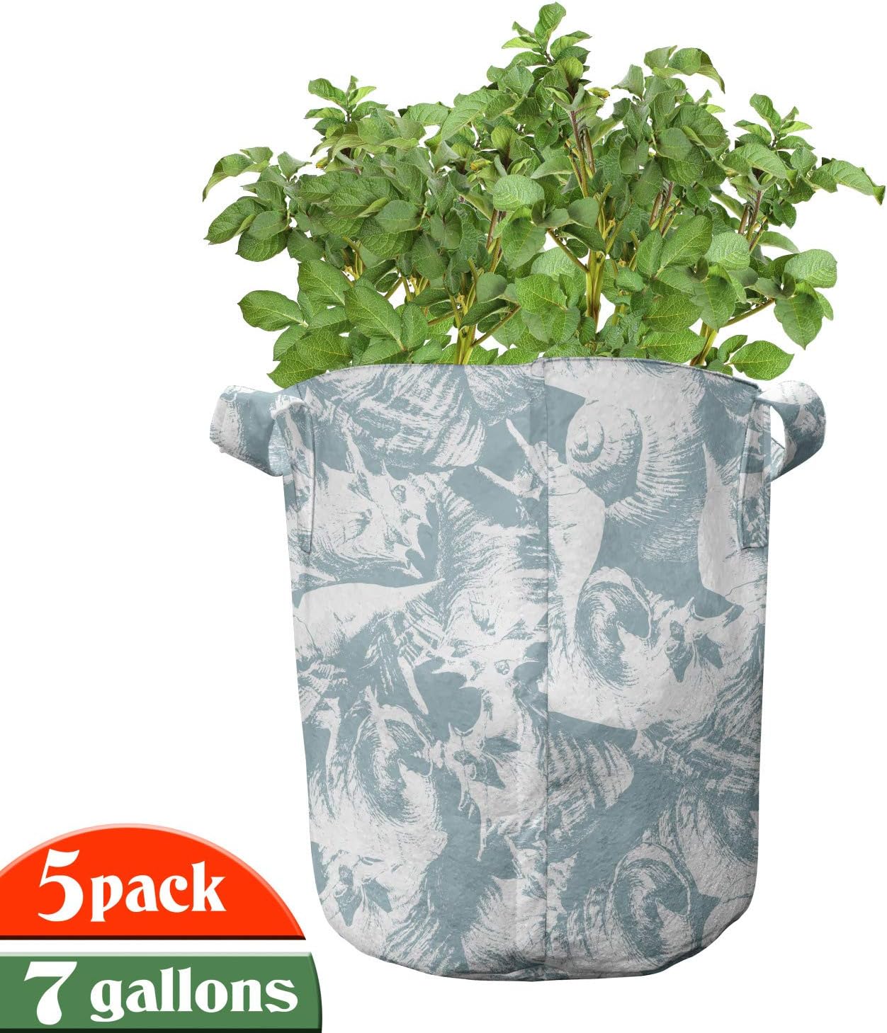 Lunarable Ocean Grow Bags 5-Pack, Vintage Different Seashells, Heavyduty Fabric Pots with Handles for Plants, 7 Gallon, Slate Blue White