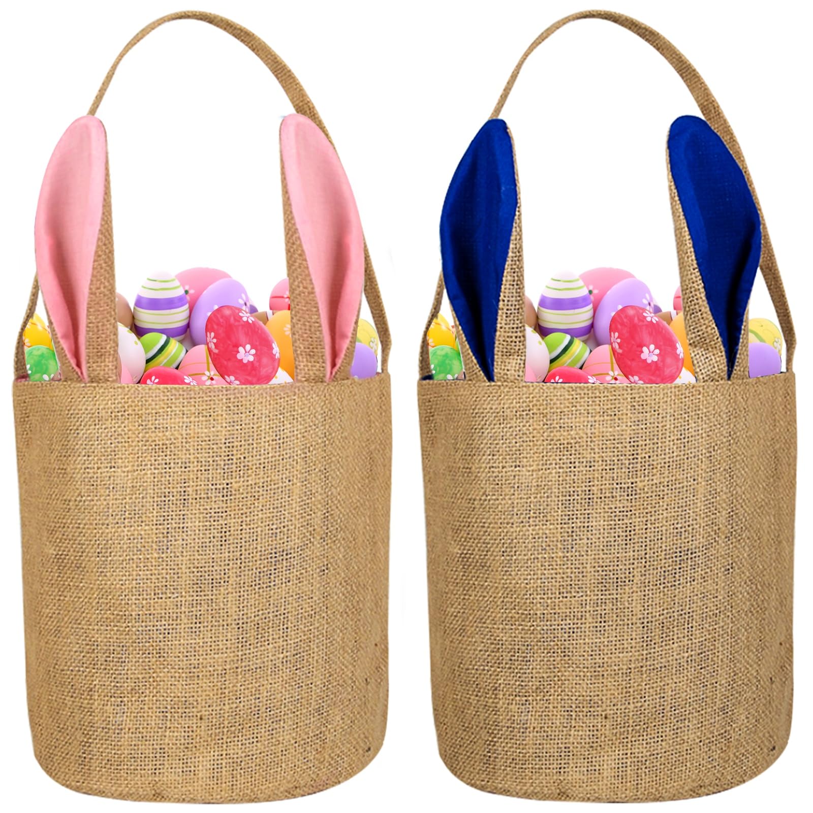 2 Pcs Easter Eggs Baskets for Kids,Canvas Personalized Easter Bunny Hunt Baskets Bucket Tote Gifts Bags with Rabbit Tail Girls Boys Easter Party Favors Decoration Gift Toys