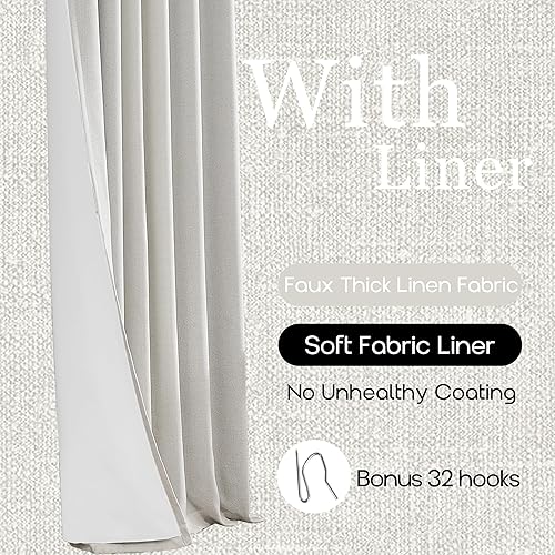 Miniatura 4 de 2 paneles de lino crema con pestaña trasera, cinturón de gancho, cortinas opacas de lino para sala de estar, 102 pulgadas de largo