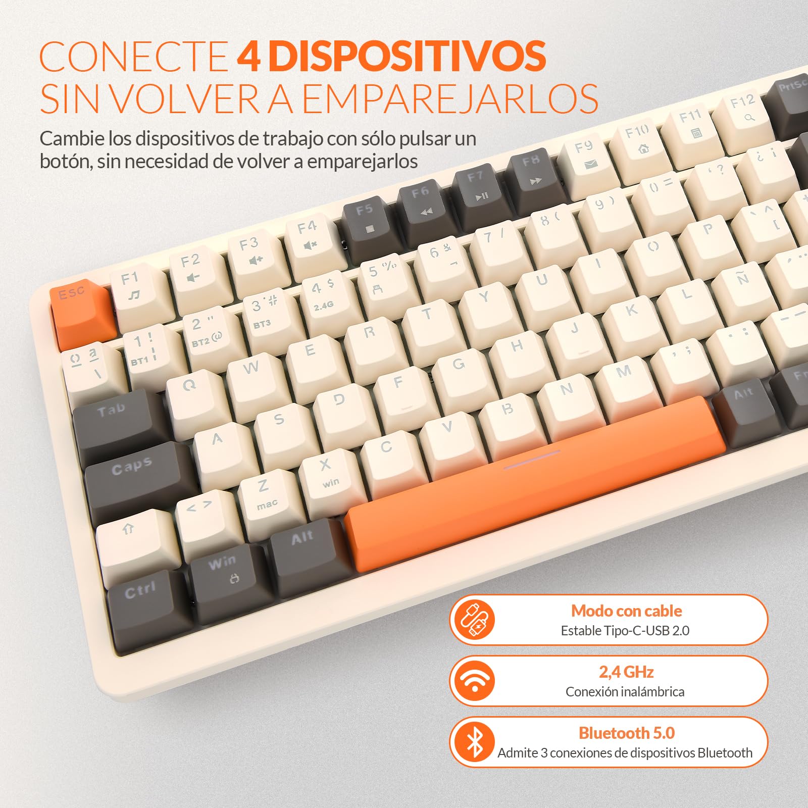 Rii RK909 Teclado 96% Gaming Mecánico, 3 Modos de Conectividad, Retroiluminación LED, Layout Español (Interruptores Rojos)