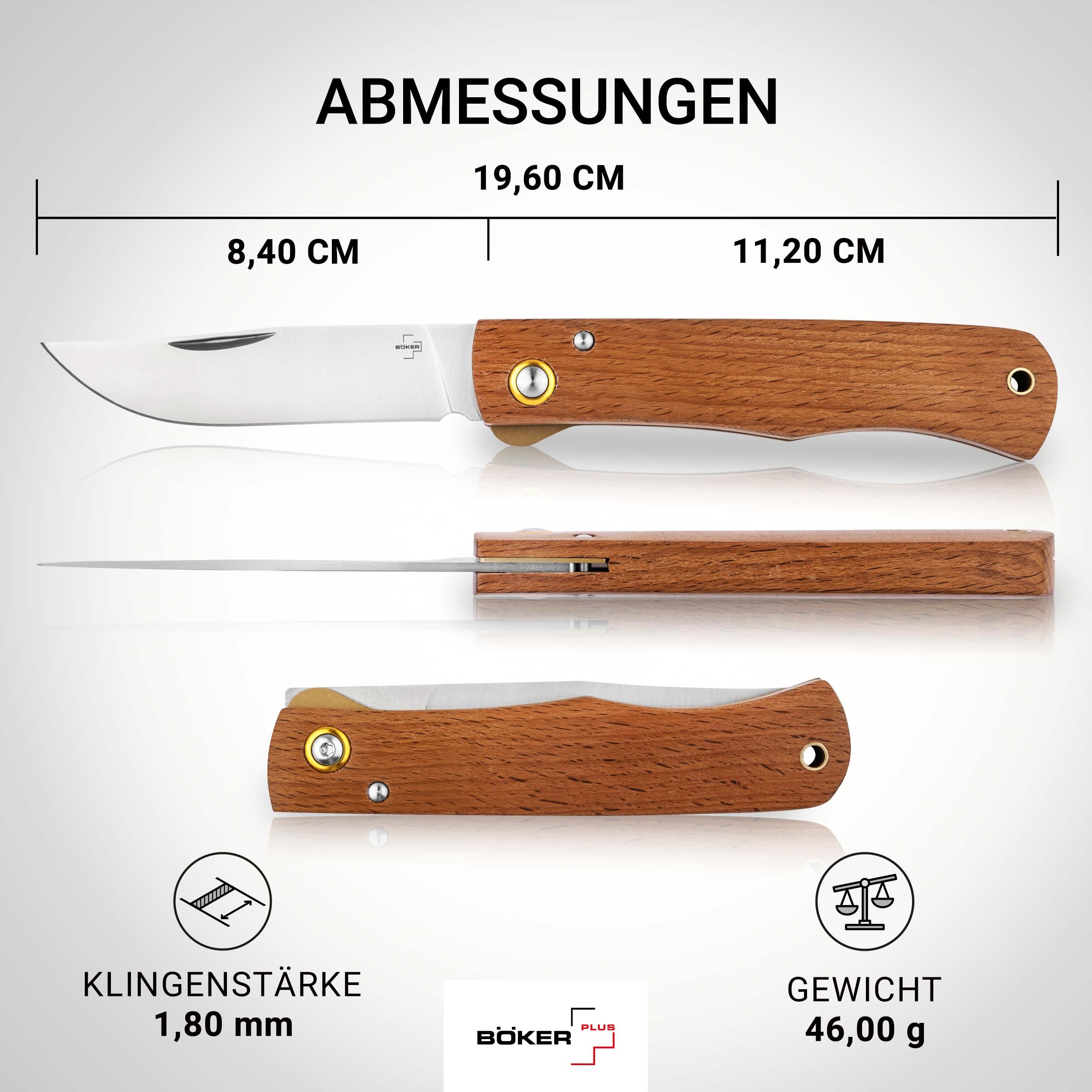 BÖKER PLUS® Rusticus – 42a konformes Taschenmesser mit Holzgriff – legales Zweihandmesser mit Linerlock – klassisches EDC Klappmesser mit 420 Clippoint-Klinge & Nagelhau