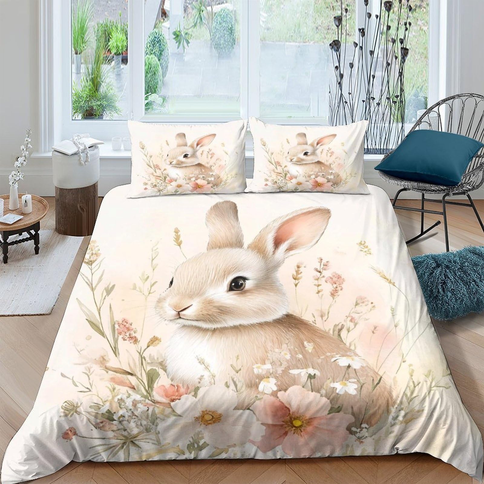 GPLZQXKJNH 3D Printed Bunny Floral Duvet Cover Microfiber Soft Breathable Rabbit Meadow Bedding Set with 2 Pillowcases for Bedroom Decor Single（135x200cm）