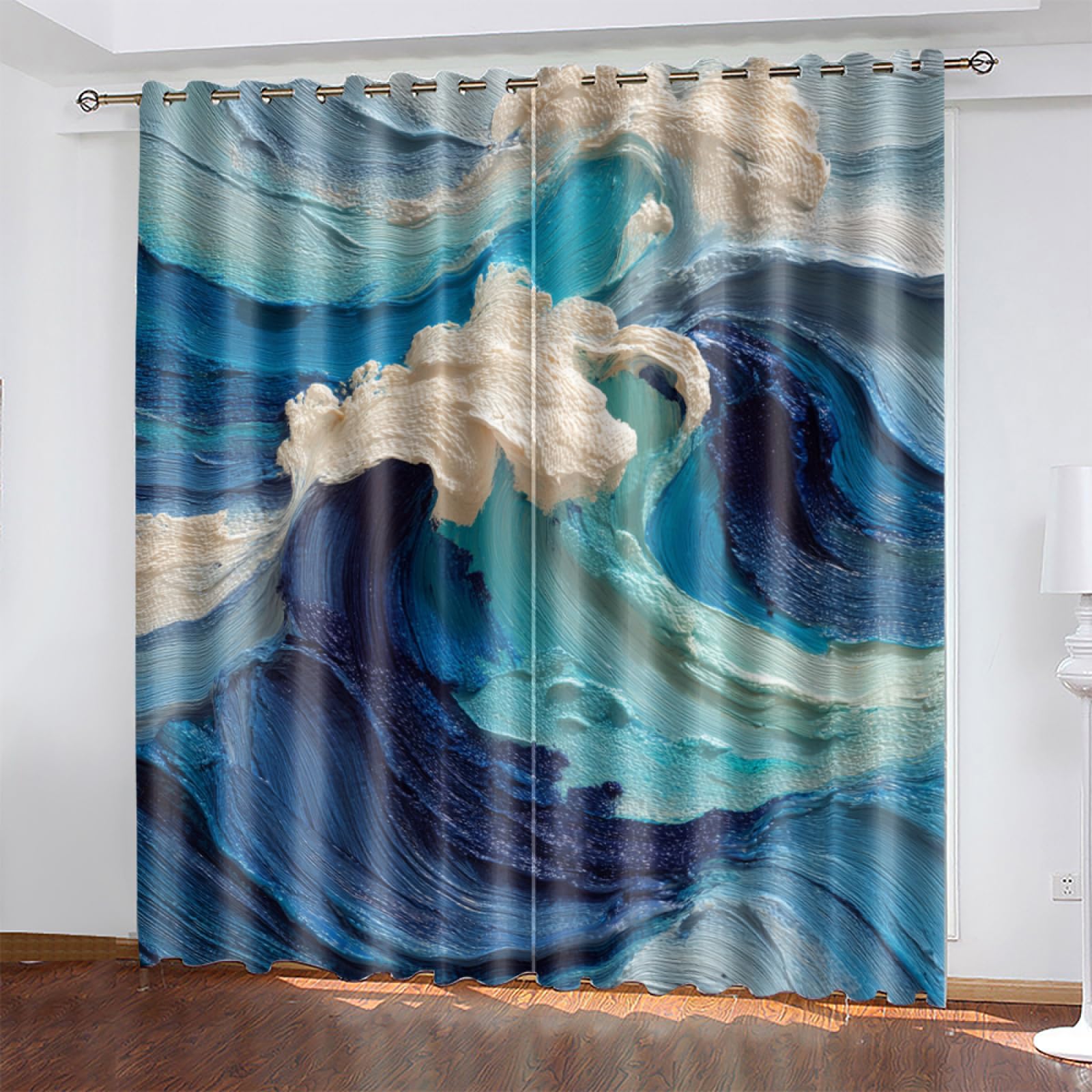 Wazylphin Blackout Eyelet Curtains Lake Blue Graffiti Thermal Blackout Curtains for Bedroom Living Room Black Out Curtain Reduce Noise Eyelet Curtins Durable Polyester Thick Window Curtain 2x75x166cm