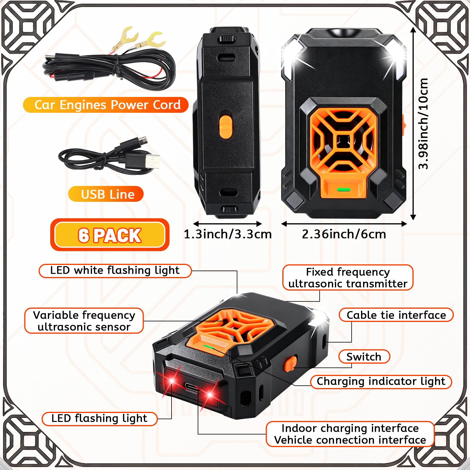 Paquete de 6 repelentes ultrasónicos de roedores para motores de automóvil, repelente ultrasónico de roedores para debajo del capó, enchufe y alimentado por USB con 4 luces estroboscópicas para