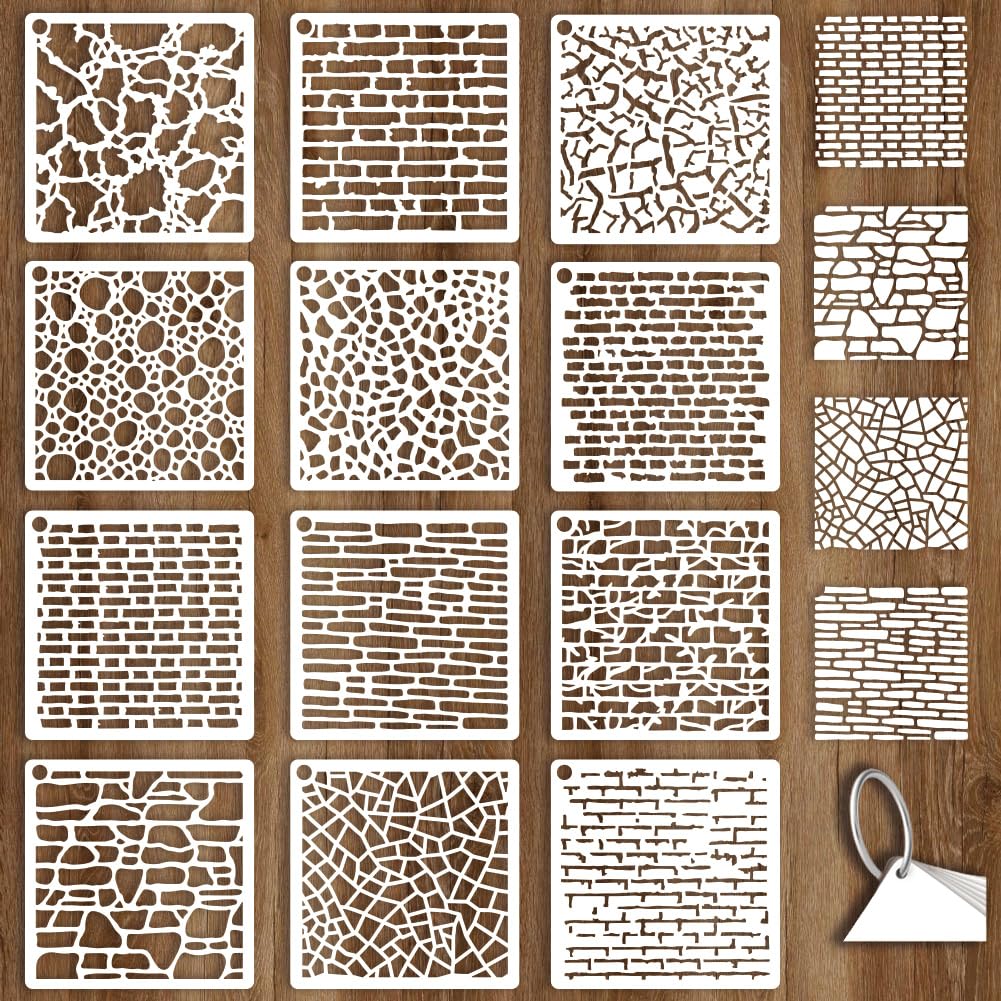 GOMAKERER 12 Sheets Mottled Brick Texture Stencils for Painting, 12 Styles Branch Cell Geometric Pattern Stencil Template Abstract Texture Stencils for Painting on Wall Wood Home Decor