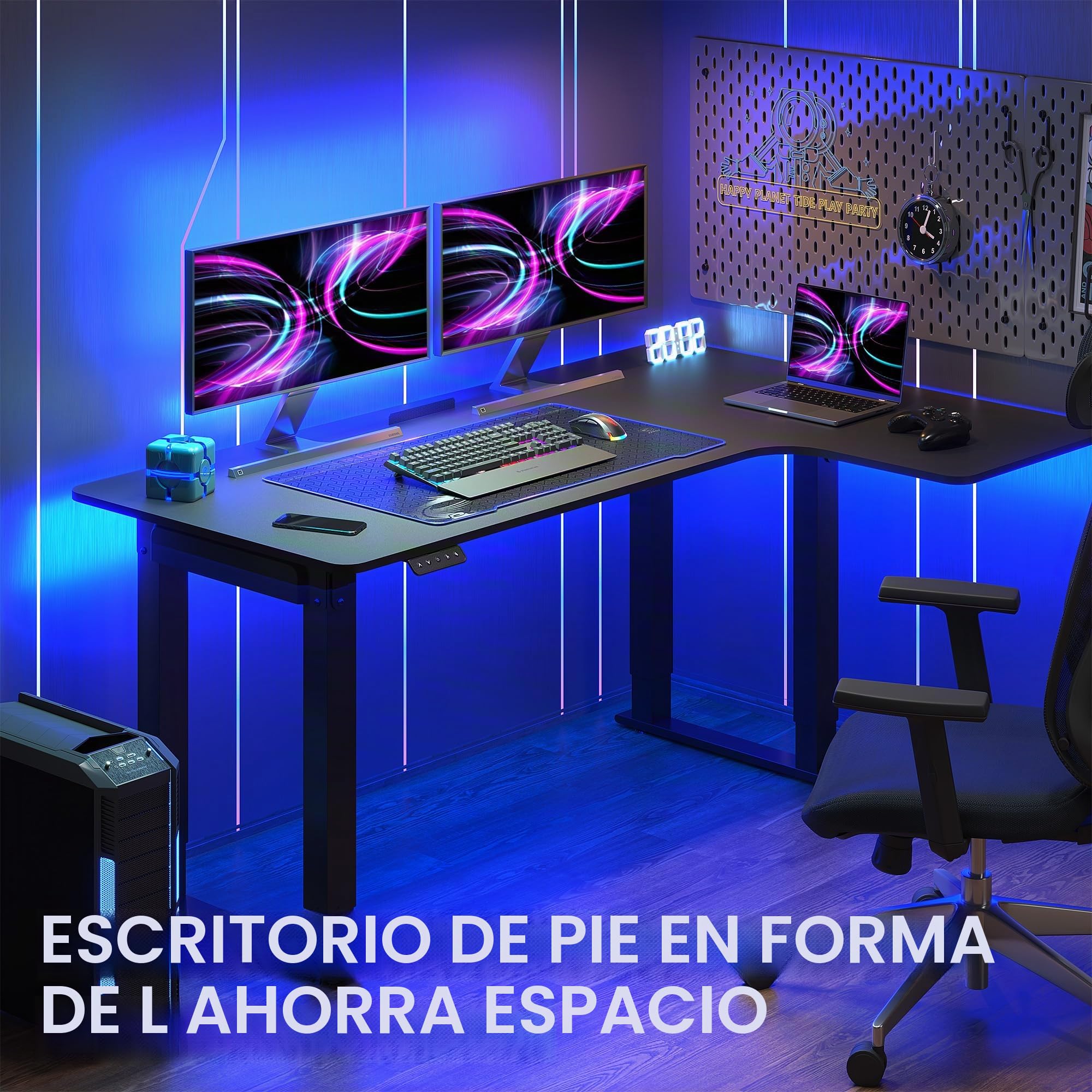 SANODESK Escritorio Elevable Eléctrico (180x110 cm) con 4 Patas - Escritorio de Juegos, Gaming Mesa, Escritorio Regulable en Altura en Forma de L con 2 Motor, Control de Memoria (Negro)