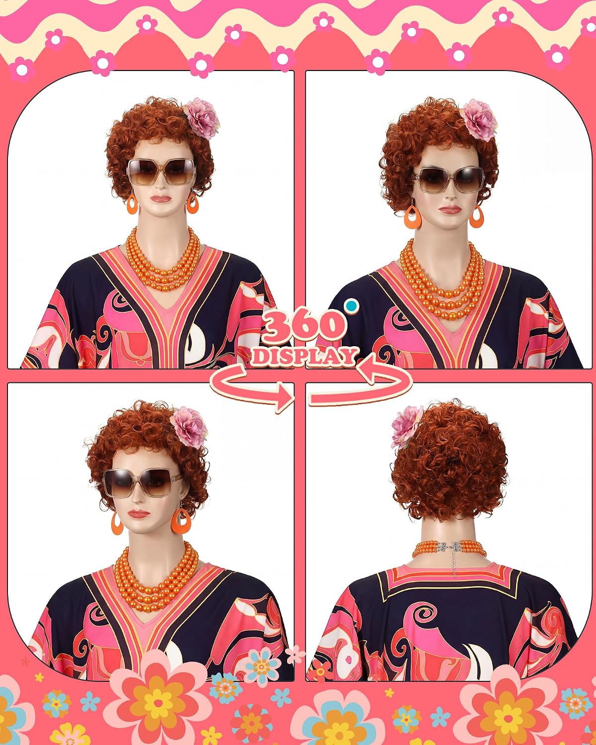 Landlady Costume Including Caftan Dress Curly Wig Necklace Earring Sunglasses Rings Hair Clip for Halloween Cosplay