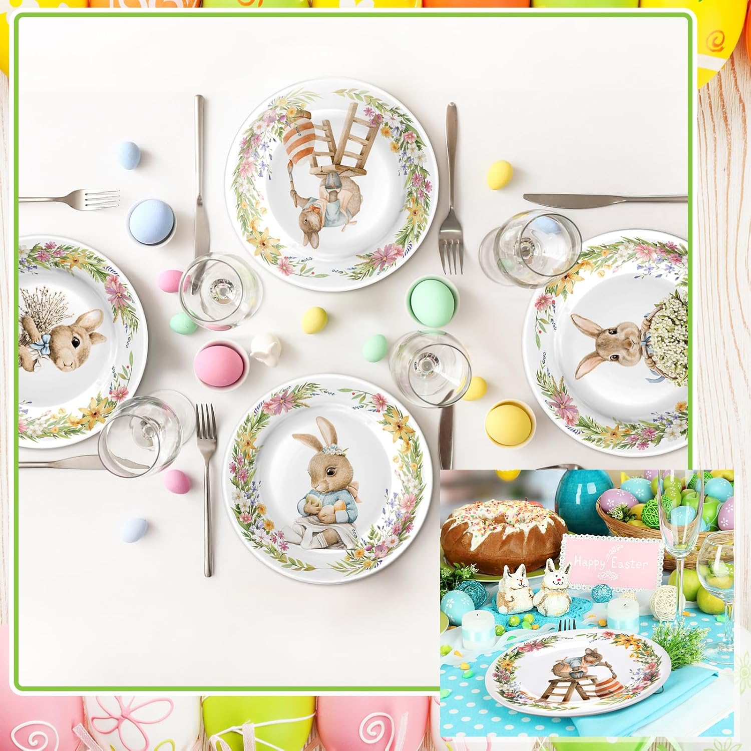 8 Pcs Easter Salad Plates Bunny Dishes 8" 10" Melamine Easter Dinnerware Sets Assorted Designs Ceramic-like Spring Rabbit Plates for Dinner Salad Dessert Birthday Party Supplies(10 Inch)