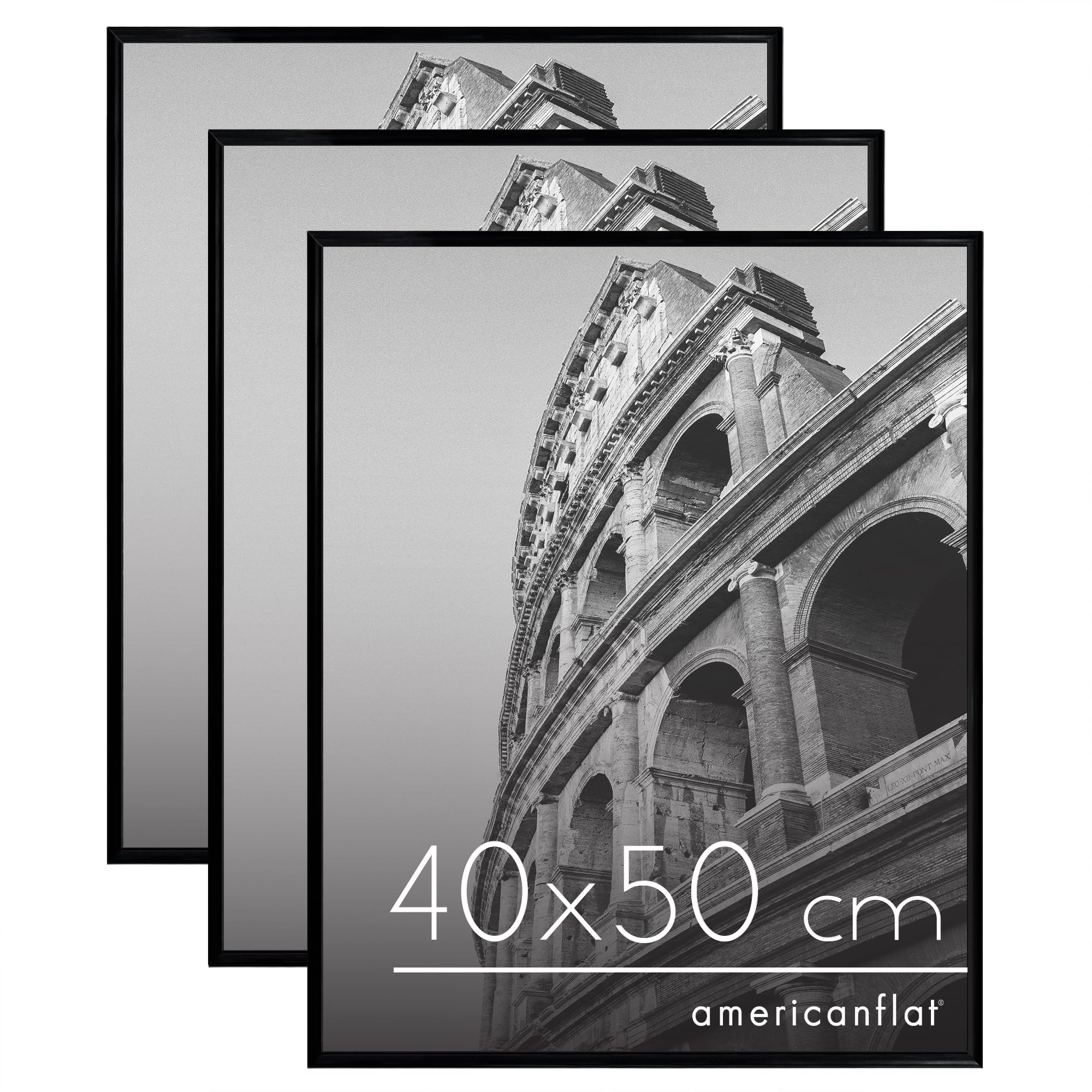 Americanflat Marco 40x50 cm en Negro - Set de 3 Marcos con Moldura Fina, Cubierta de Plexiglás y Ganchos para colgar en Horizontal o Vertical