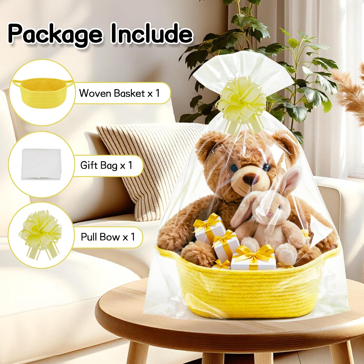 TONIFUL Yellow Small Woven Basket with Gift Bag & Pullbow Empty Baskets for Gift Giving，Birthday，Baby Shower, Wedding, Festival Gift Wrapping, Baby Toy Accessories Storage Organizer (12"X 8" X 5")