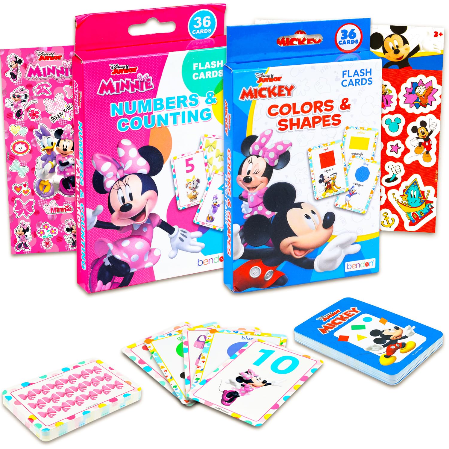 Disney Lot de 72 cartes flash avec chiffres et comptage et couleurs et formes pour garçons, filles et autocollants Mickey et Minnie