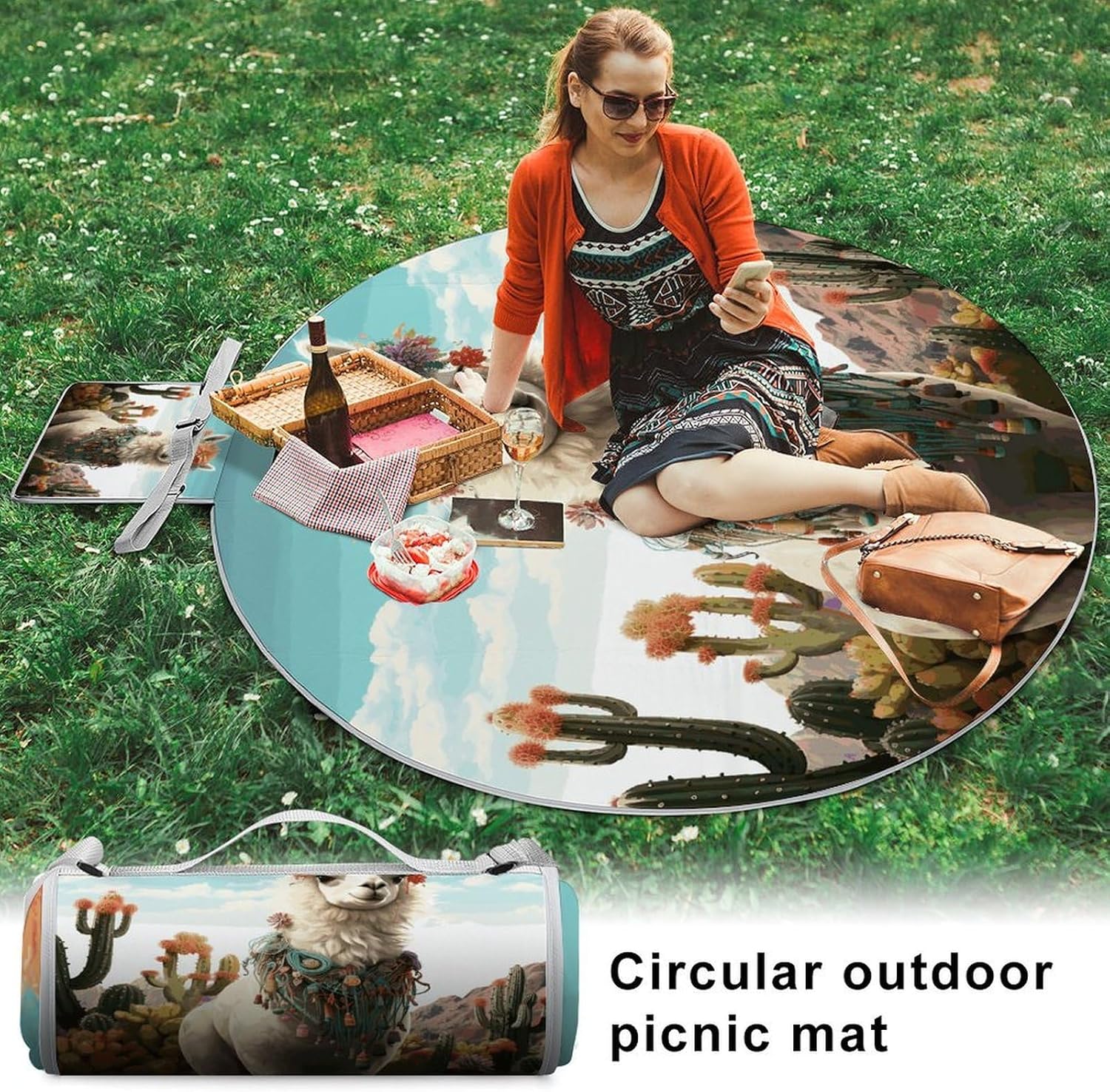 Mexican Llama Cactus Picnic Mat Lightweight Waterproof Picnic Blankets Extra Large Picnic Outdoor Blankets Foldable Sandproof Beach Blanket for Park Beach Camping Courtyard 58.3''x58.3''