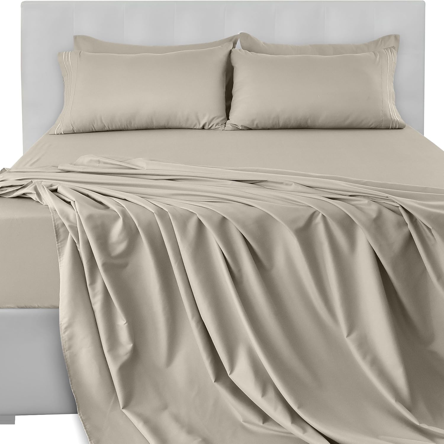 LUX Décor Queen Sheet Set – 6 Piece Ultra-Soft Microfiber Bed Sheets with Flat Sheet, 16 Inches Deep Pocket Fitted Sheet & Pillowcases, Cooling & Breathable Hotel Luxury, Oeko-TEX – Taupe