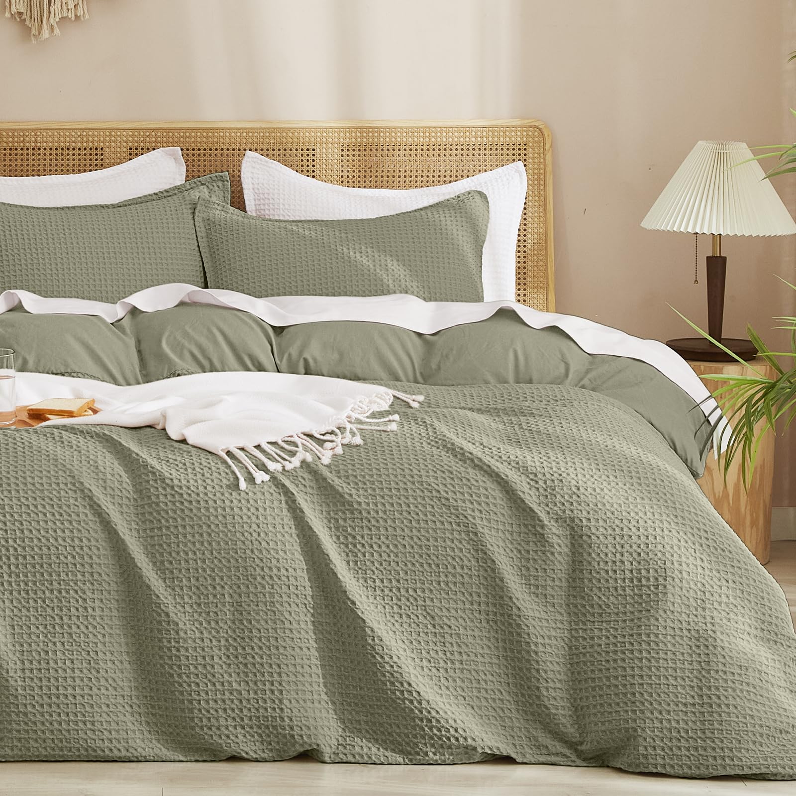 PHF Waffle Duvet Cover Set King Size, No Snagging Ultra Soft Luxury Textured Breathable Comforter Cover for All Season 3pcs, Durable Bedding Duvet Set with 2 Pillow Shams, 104"x90", Dusty Sage