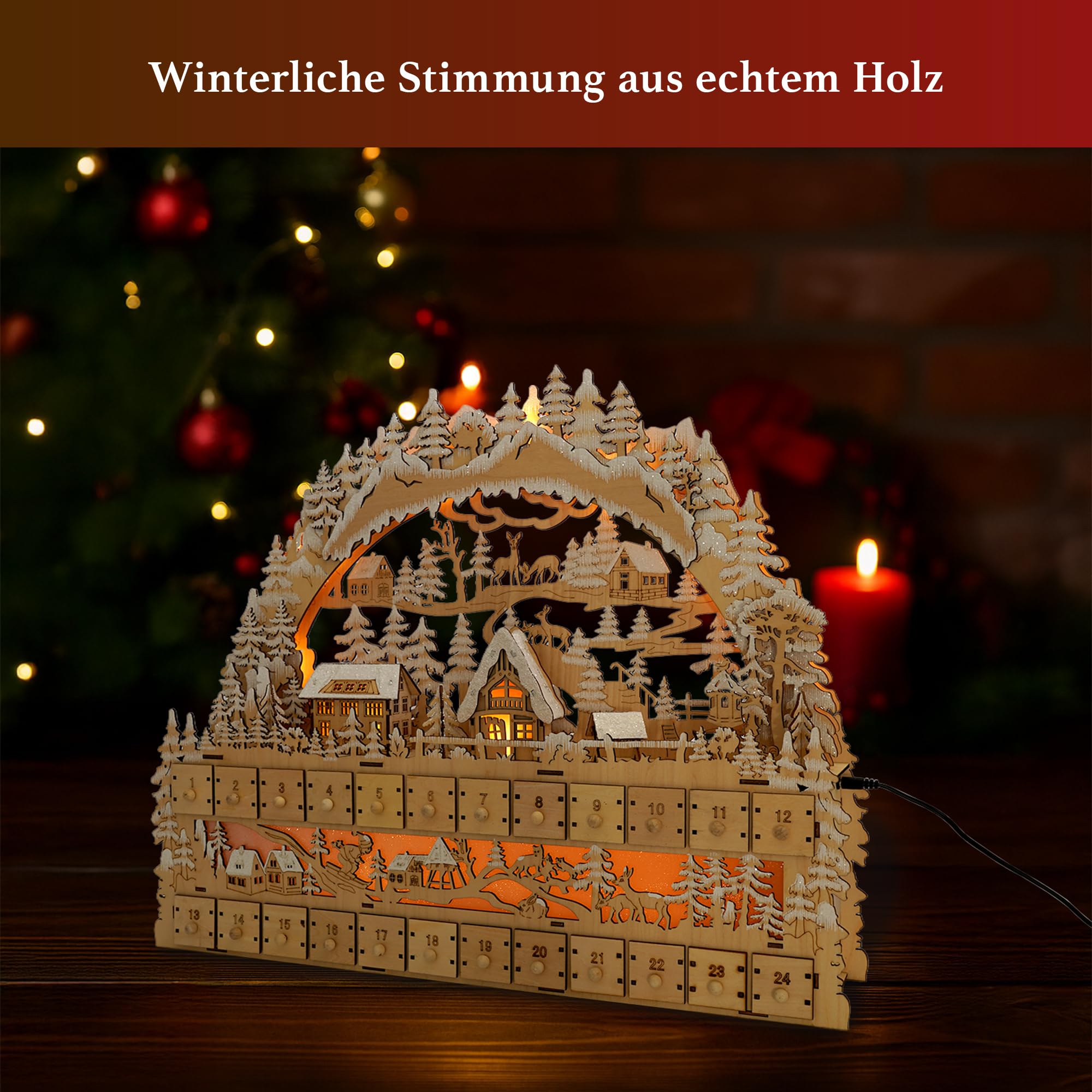 HGD - LED XL-Lichterbogen mit Adventskalender - Weihnachtsdeko aus Holz mit Timerfunktion - Weihnachtskalender zum Befüllen, 24 Schubladen für kleine Überraschungen, Geschenkidee - 58 x 48 x 13 cm