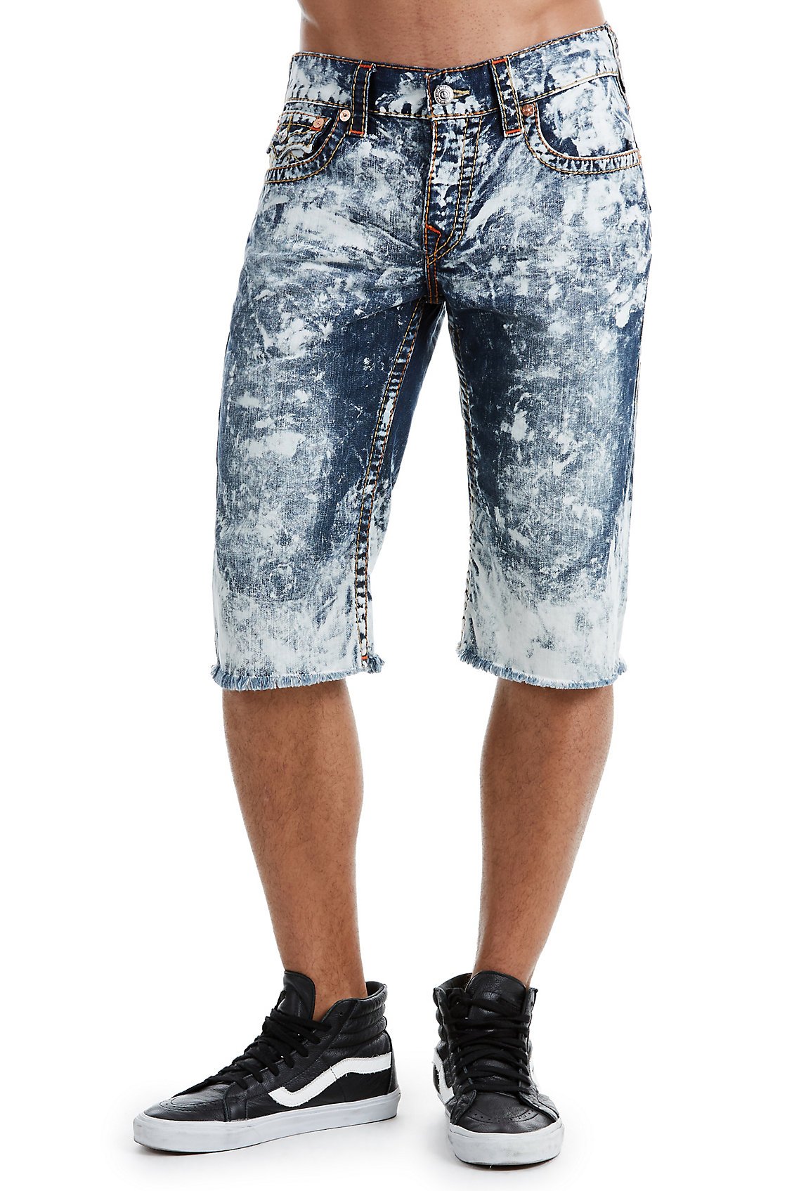 Men's Straight Denim Big T Cut-Off Shorts w/Flaps in Electro Storm