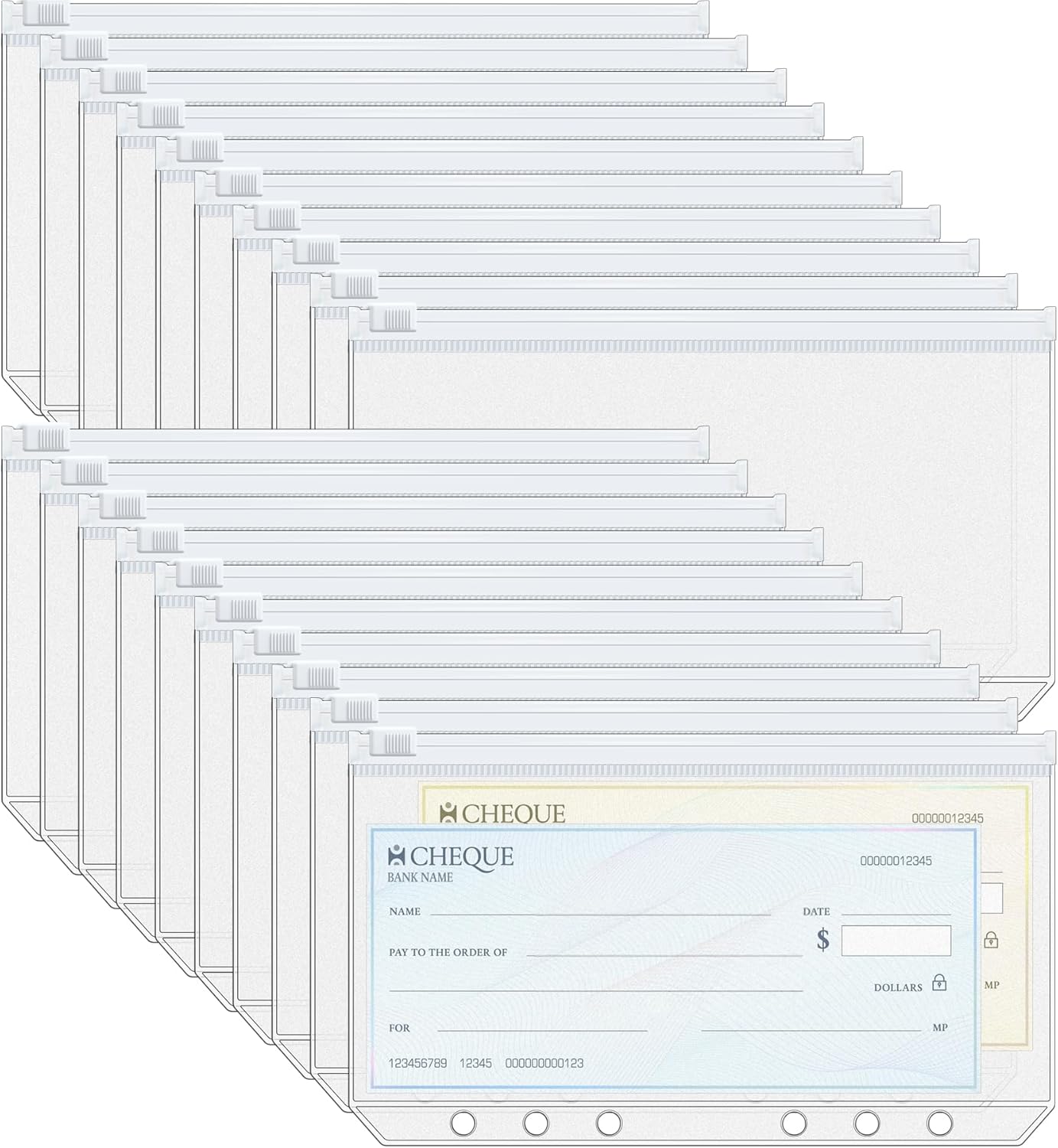 Antner 50pcs A5 Binder Pockets 6-Hole Budget Planner Inserts Cash Stuffing Envelopes for Money Organizer, White Zipper Pouch Folders Waterproof PVC Loose Leaf Filling Bags for A5 6-Ring Savings Binder