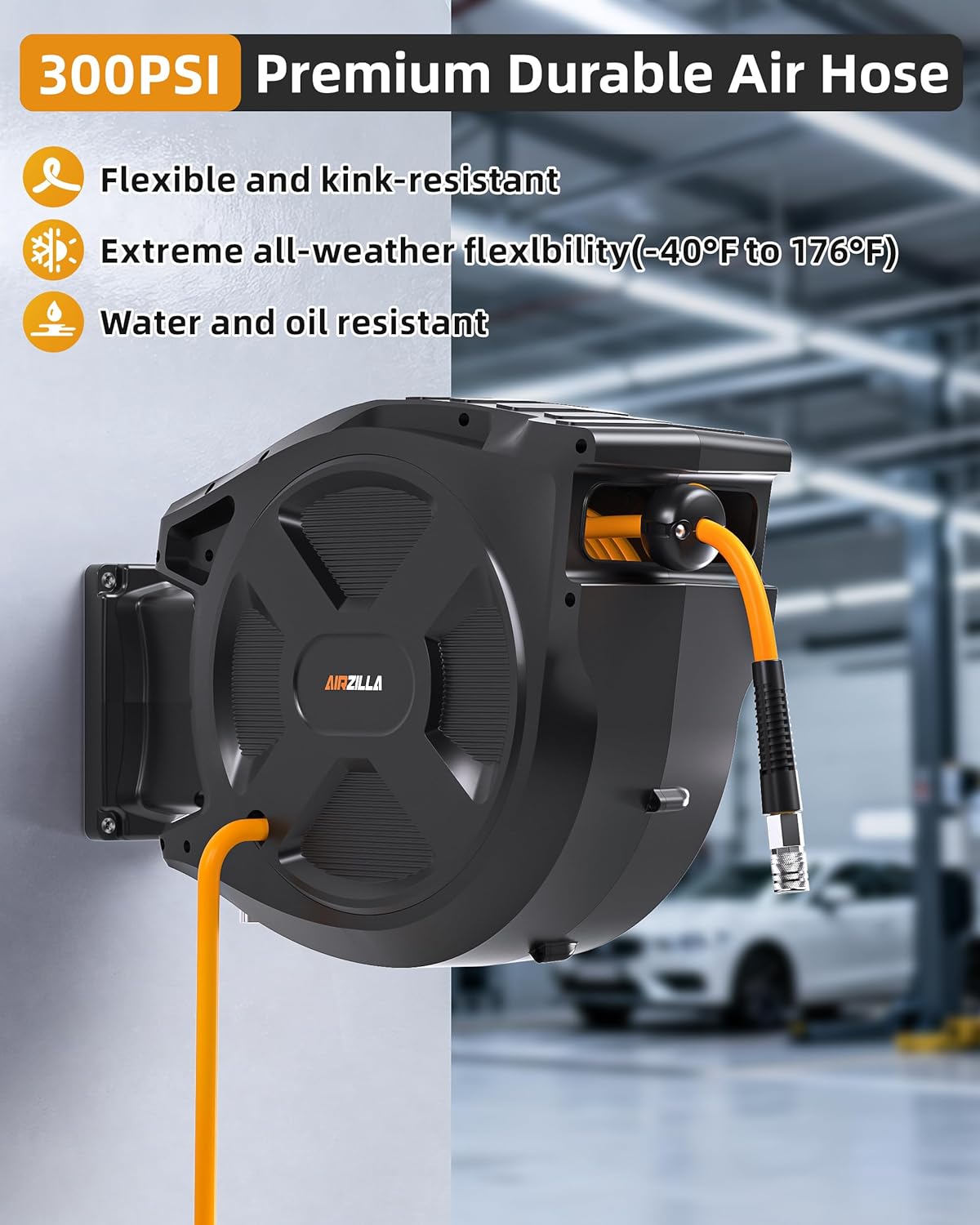 Retractable Air Hose Reel, 3/8" x 80Ft Flex Hybrid Air Hose Max 300PSI Kink-resistant Air Compressor Hose Reel Auto Rewind with 6Ft Lead in, Quick Connect, 180° Swivel Mounting Kit. - Image 2