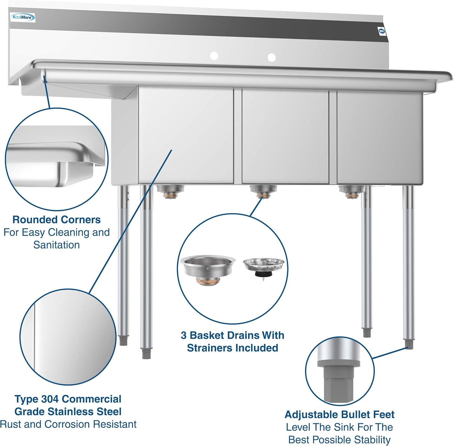🔥 Cashback up to 70% KoolMore 3 Compartment Stainless Steel NSF Commercial Kitchen Sink with Drainboard - Bowl Size 12 x 16 x 10,Silver