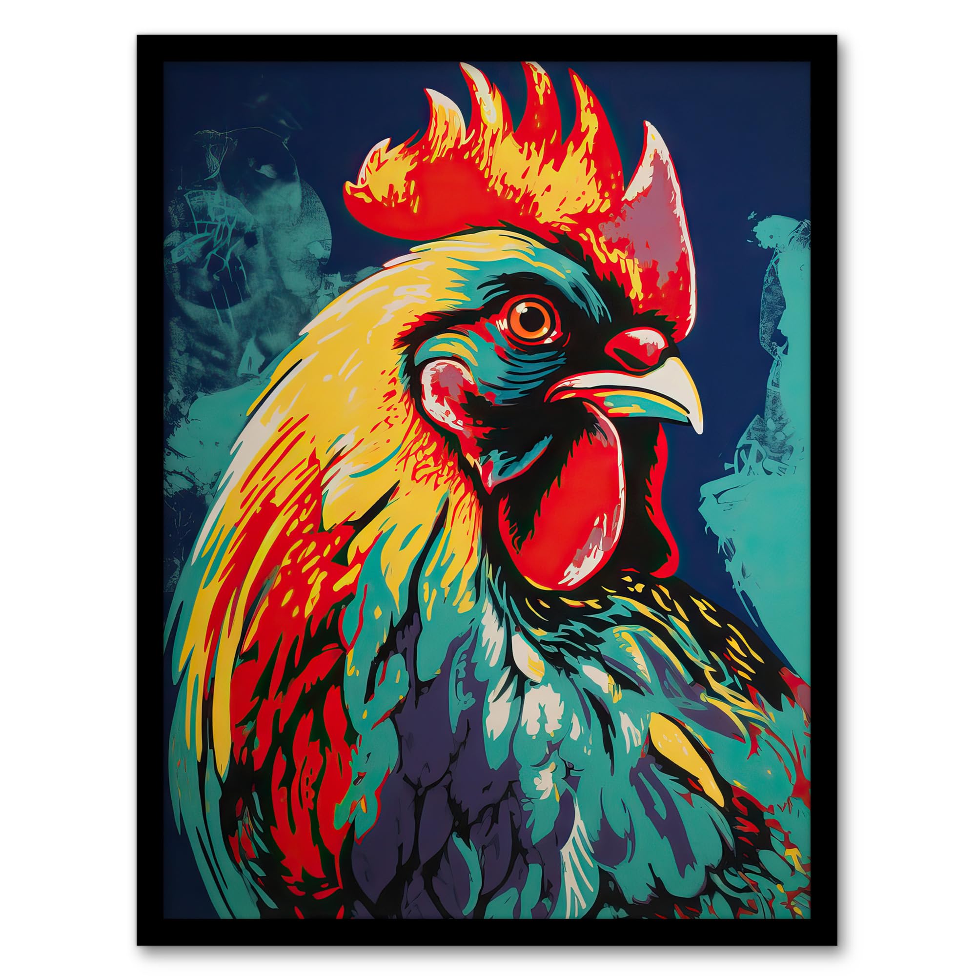 Artery8 Framed Print - Cockerel Rooster Chicken Hen - Red Yellow Turquoise - Vibrant Bold Colourful Painting Art