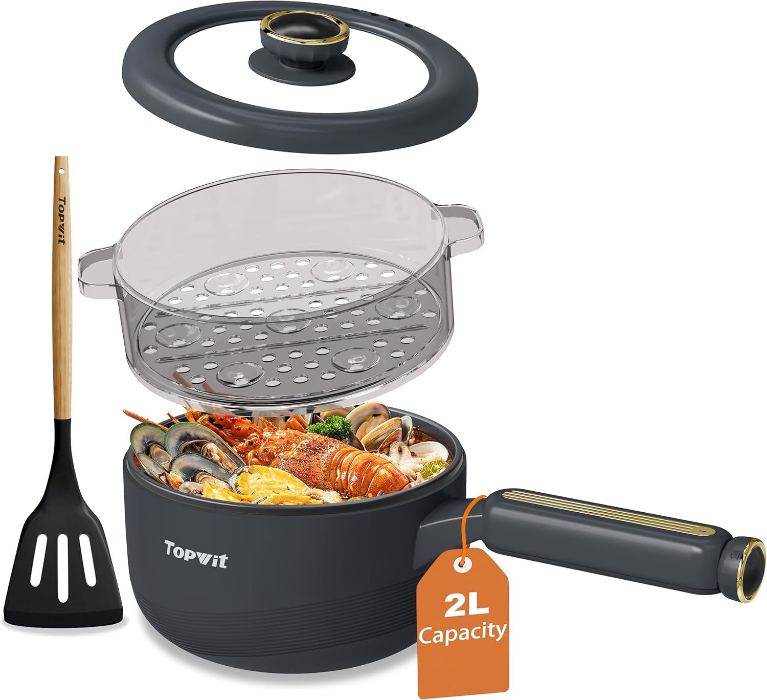 TOPWIT Hot Pot Electric with Steamer, 2L Multifunctional Electric Pot, Non-Stick Sauté Pan, Portable Pot for Steak, Fried Rice, Ramen, Soup with Dual Power Control (Silicone Spatula Included), Grey TOPWIT Hot Pot Electric with Steamer, 2L Multifunctional Electric Pot, Non-Stick Sauté Pan, Portable Pot for Steak, Fried Rice, Ramen, Soup with Dual Power Control (Silicone Spatula Included), Grey