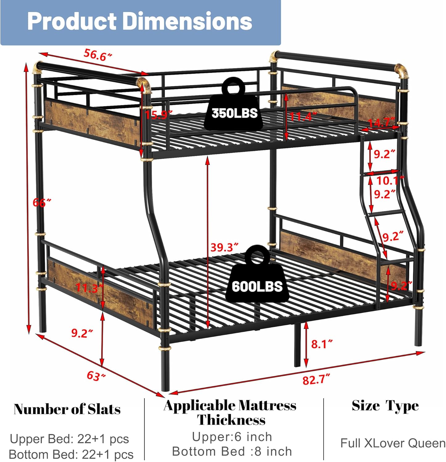 Full XL Over Queen Bunk Bed, Industrial Detachable Bunked Frame with Soft Ladder Rung Cover and High Guardrails, Industrial Bunk Beds for Kids Boys Girls Teens, Black